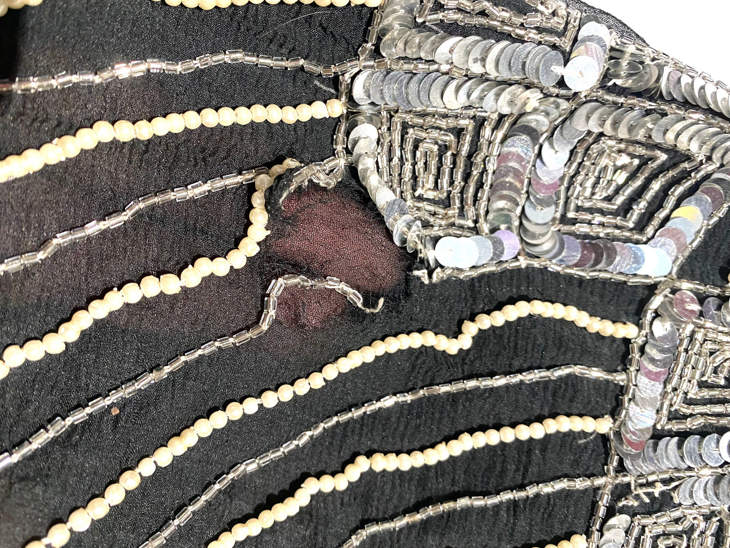 Music Hall 100% black silk velour evening dress, decó style hand embroidery, silver sequins, glass beads and pearls. Needs attention