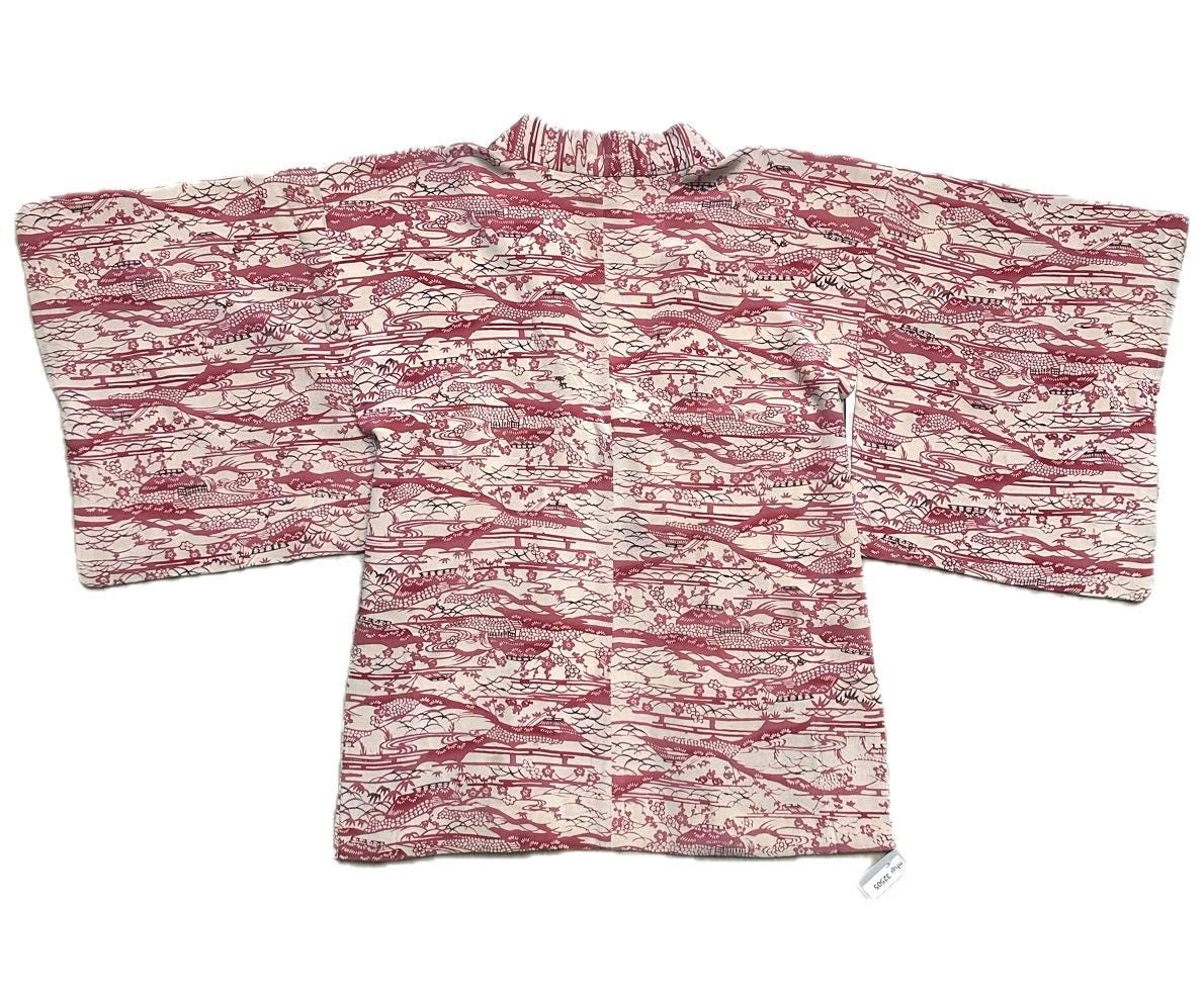 Traditional Japanese cream color kimono w iconic red tones print,  pure silk, 1950s circa, great cond.