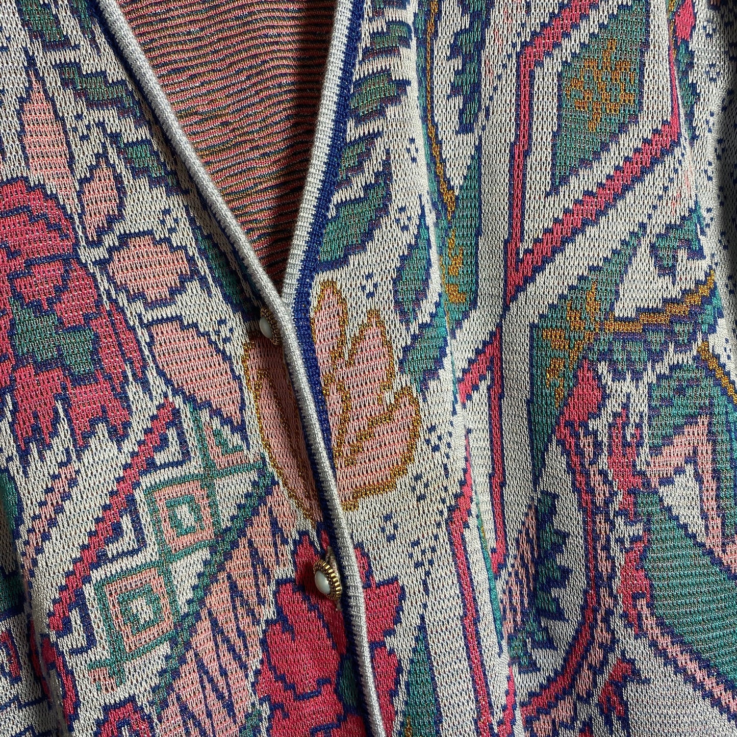Cardigan da donna più cool lavorato a maglia in cotone jacquard con motivi floreali, anni '80 menta.