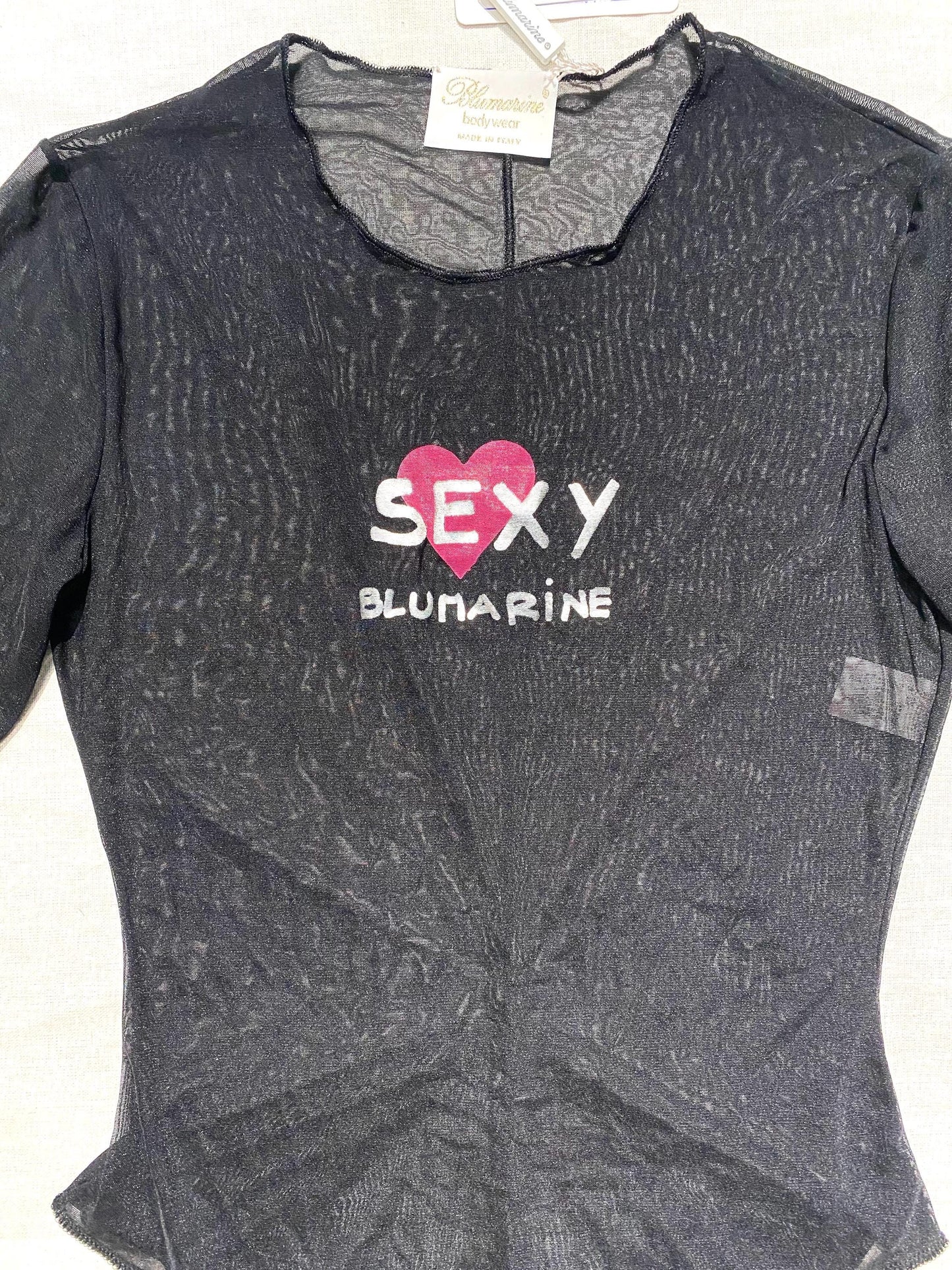Blumarine black Lycra bodysuit, translucent & shiny fine mesh fabric w iconic “Sexy Blumarine” heart print, NOS 90s BNWT