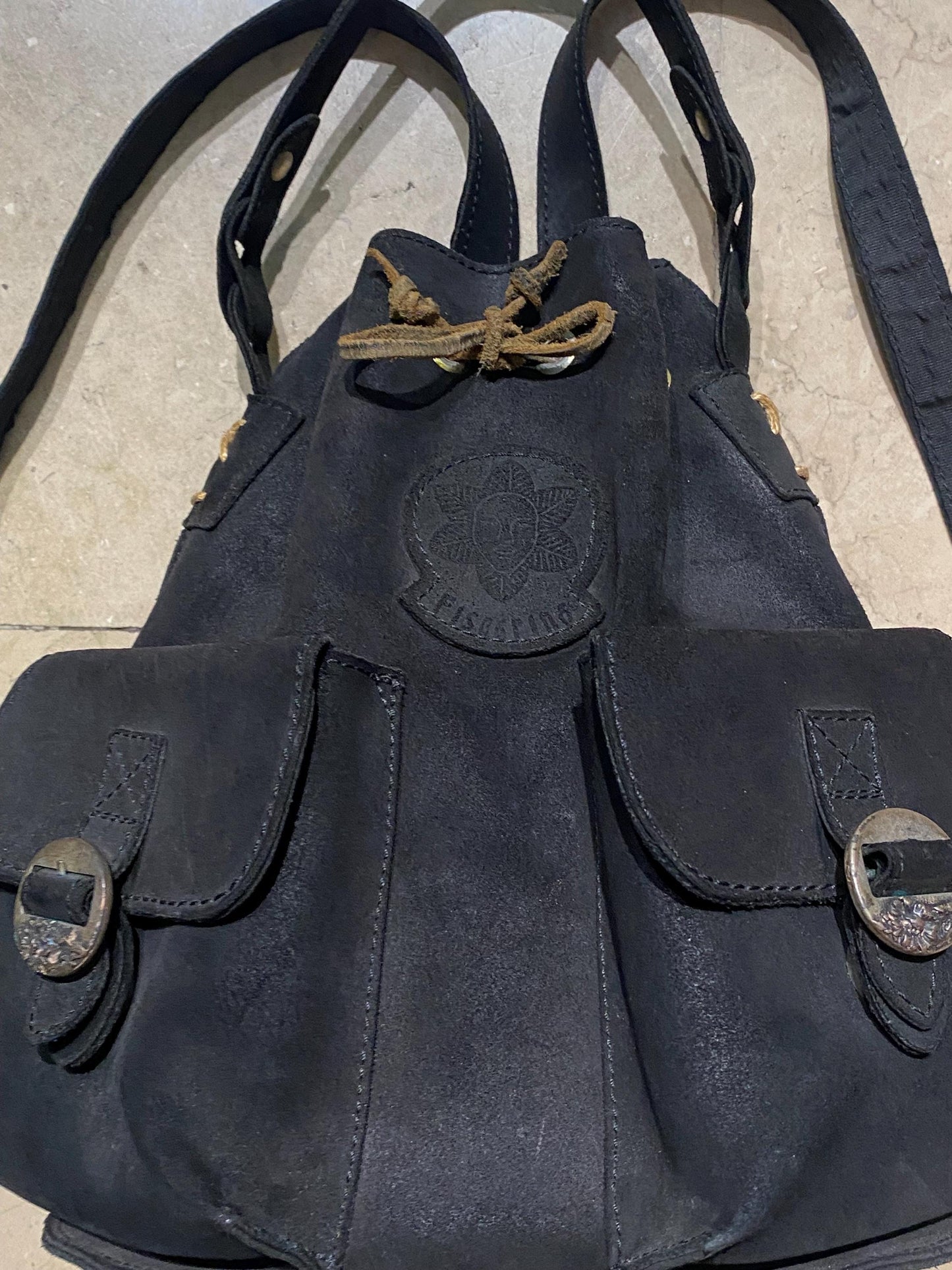 Artisanal black suede leather backpack / bucket bag with cotton canvas lining, NOS 90s Italy