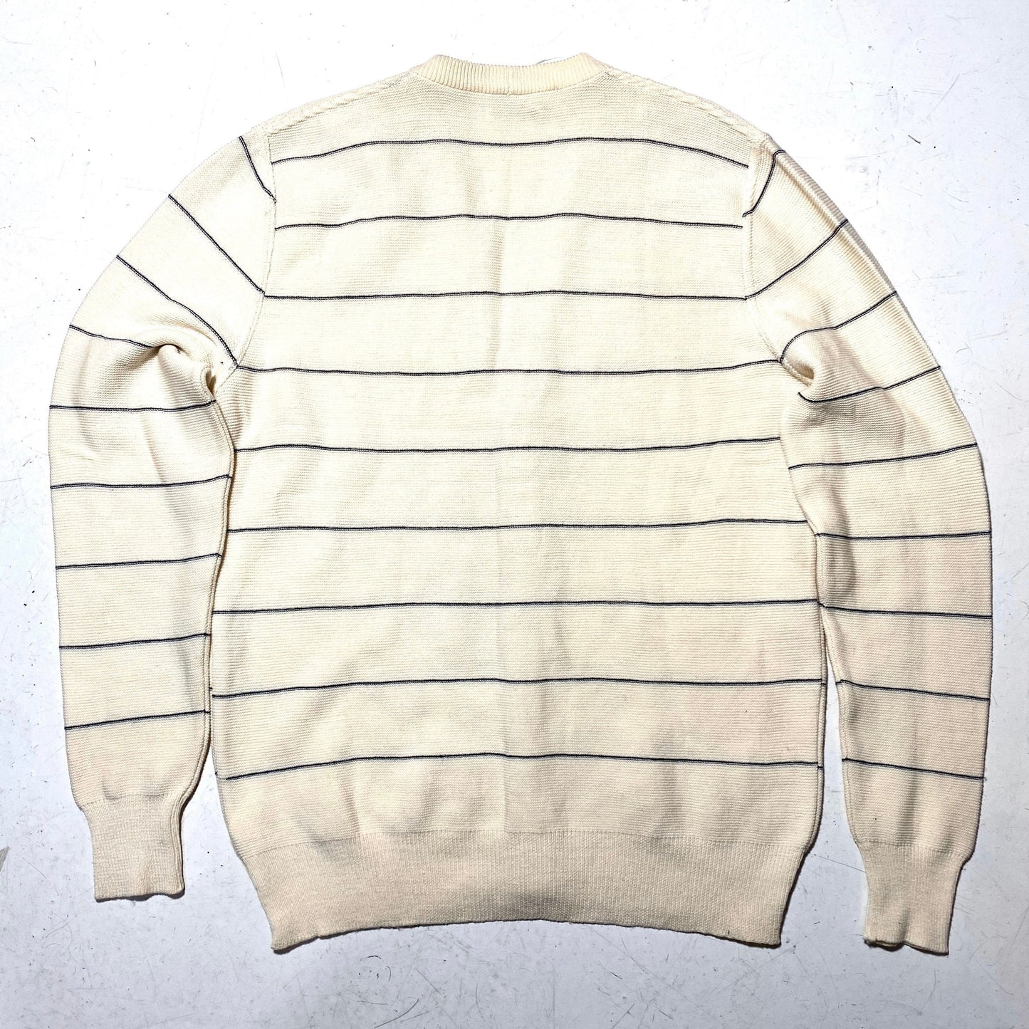 Ted Lapidus Paris pure merino wool ecru cardigan with navy blue horizontal stripes, NWT 80s