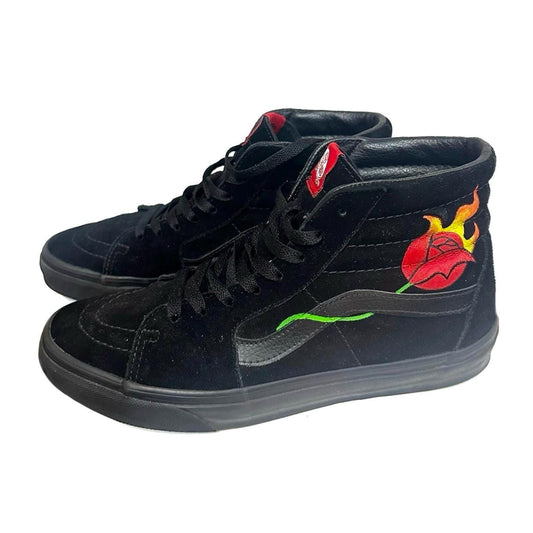 Vans SK8-HI black suede and leather interior hand painted custom with a burning red rose size EU 41 US Men 8.5 / Women 10