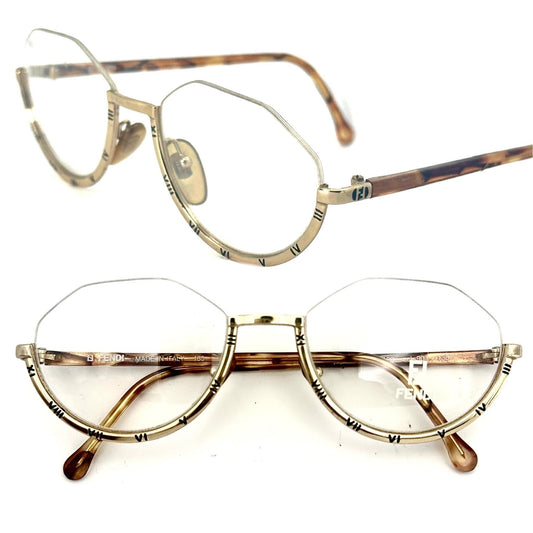 Fendi FV178 fancy golden eyeglasses frames w carved roman numerals , NOS 80s Italy