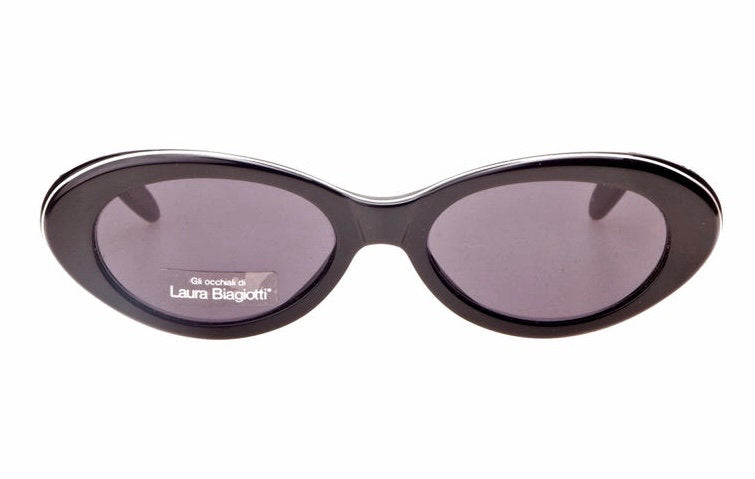 Laura Biagiotti black oval ladies sunglasses w gorgeous carved silver metal inserts, NOS 90s Italy