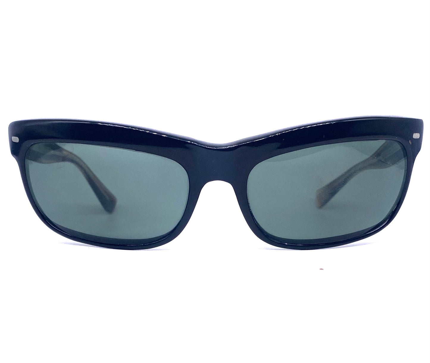 Prixol “Terminator” style sunglasses, sporty black wrap shades with brown temples, 1960s NOS Italy