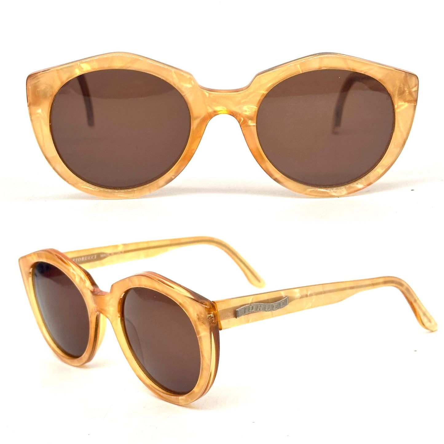 Fiorucci 406 occhiali da sole vintage rotondi fantasia ghepardati e madre perla giallo, Made in Italy anni '80 NOS
