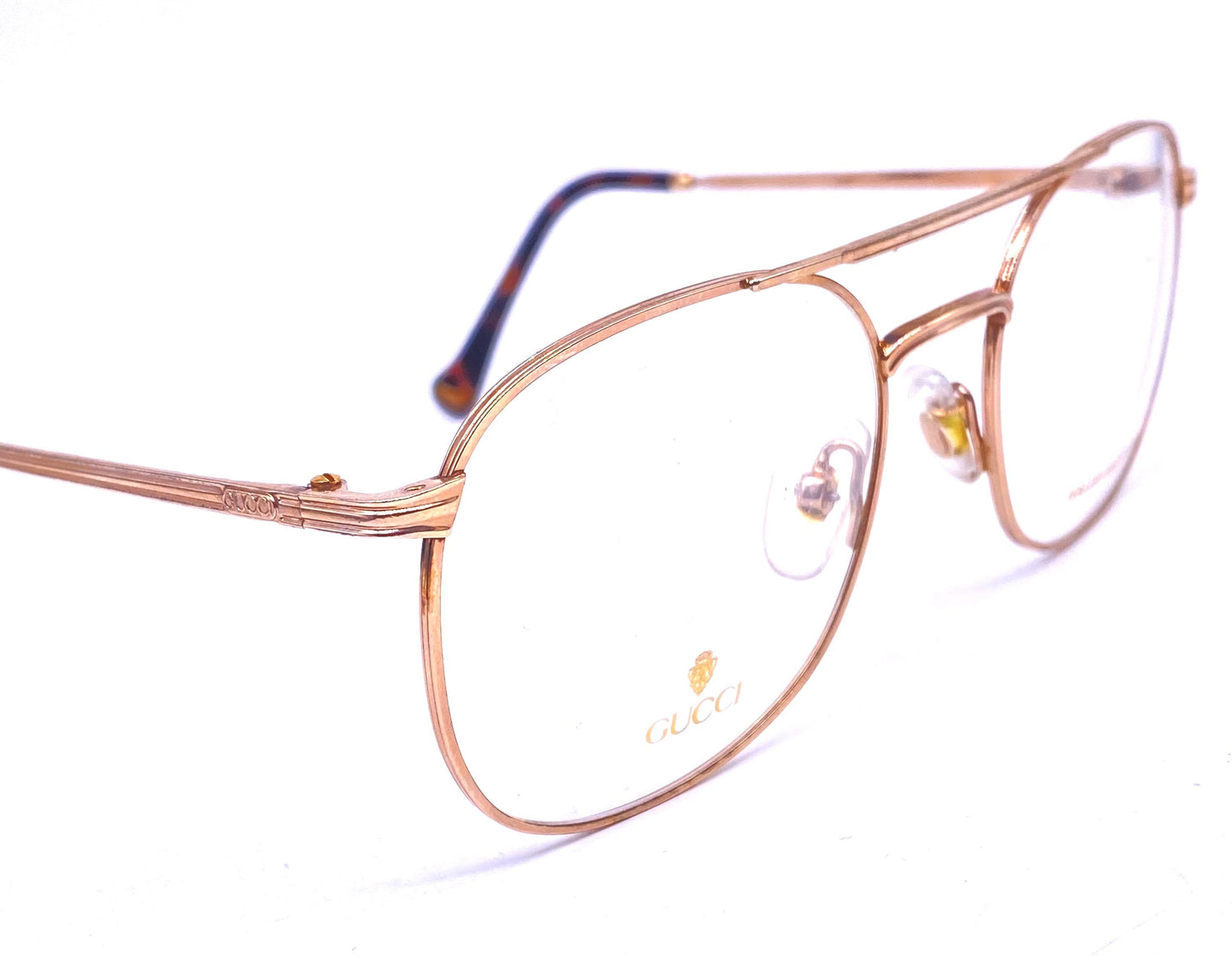 Gucci 1272 Rolled gold dbl bridge aviator eyeglasses with carved details, NOS 80s Italy
