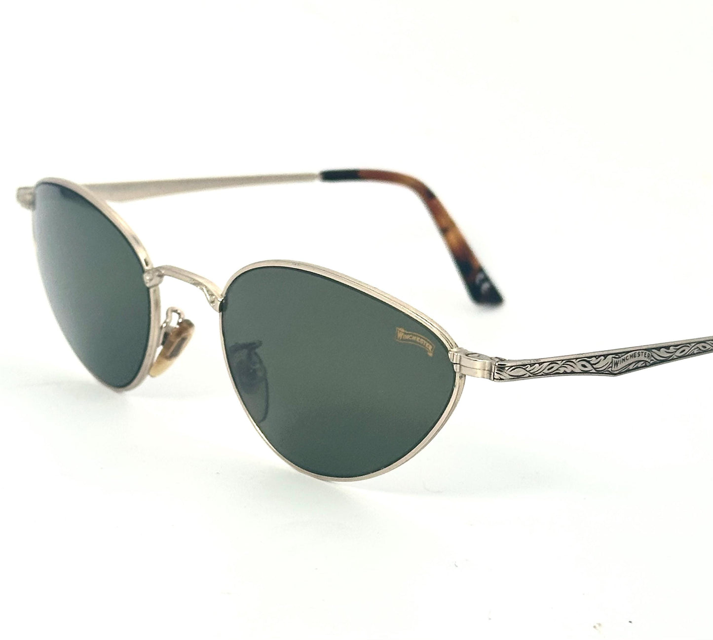 Winchester Hollywood metal cateye sungasses w decó carvings, fitted w finest tempered Crystals by Barberini, NoS 90s