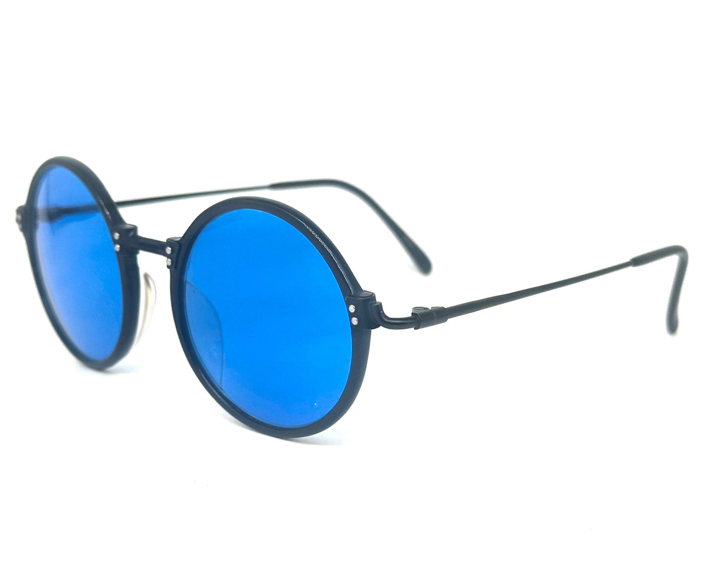Jean Paul Gaultier 55-7261 black steampunk round sunglasses with blue lenses, NOS 80s Japan