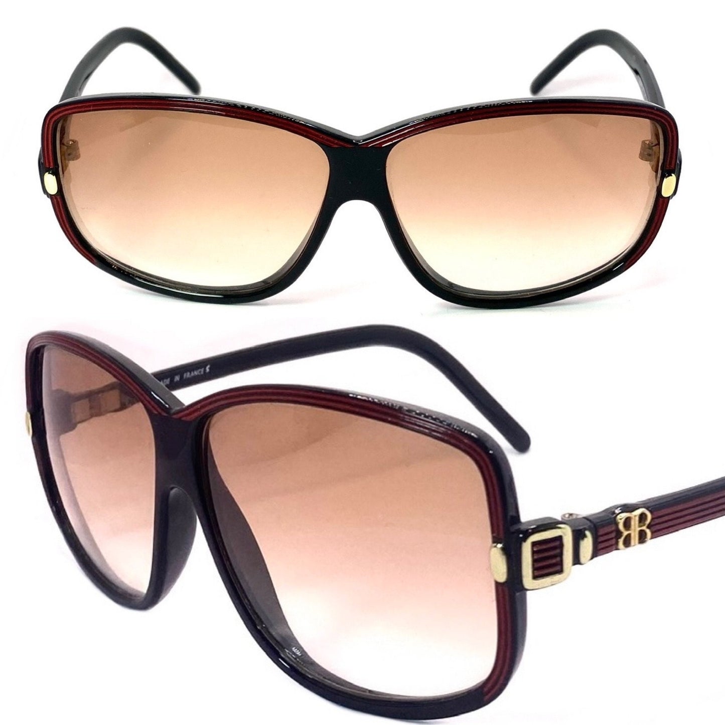 Balenciaga 2026 NR oversized black sunglasses with red carved stripes and golden logo, 80s Made in France