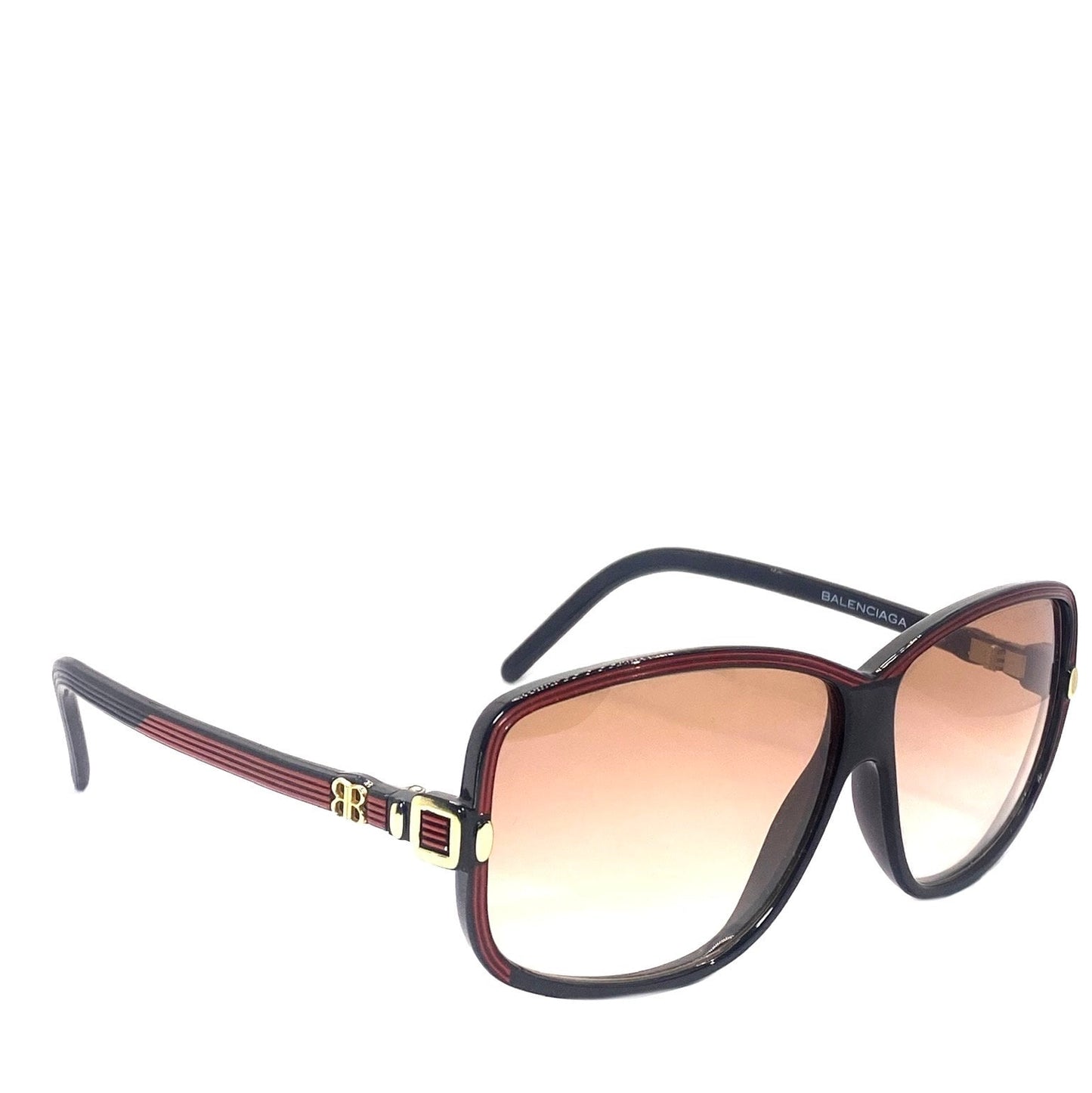 Balenciaga 2026 NR oversized black sunglasses with red carved stripes and golden logo, 80s Made in France