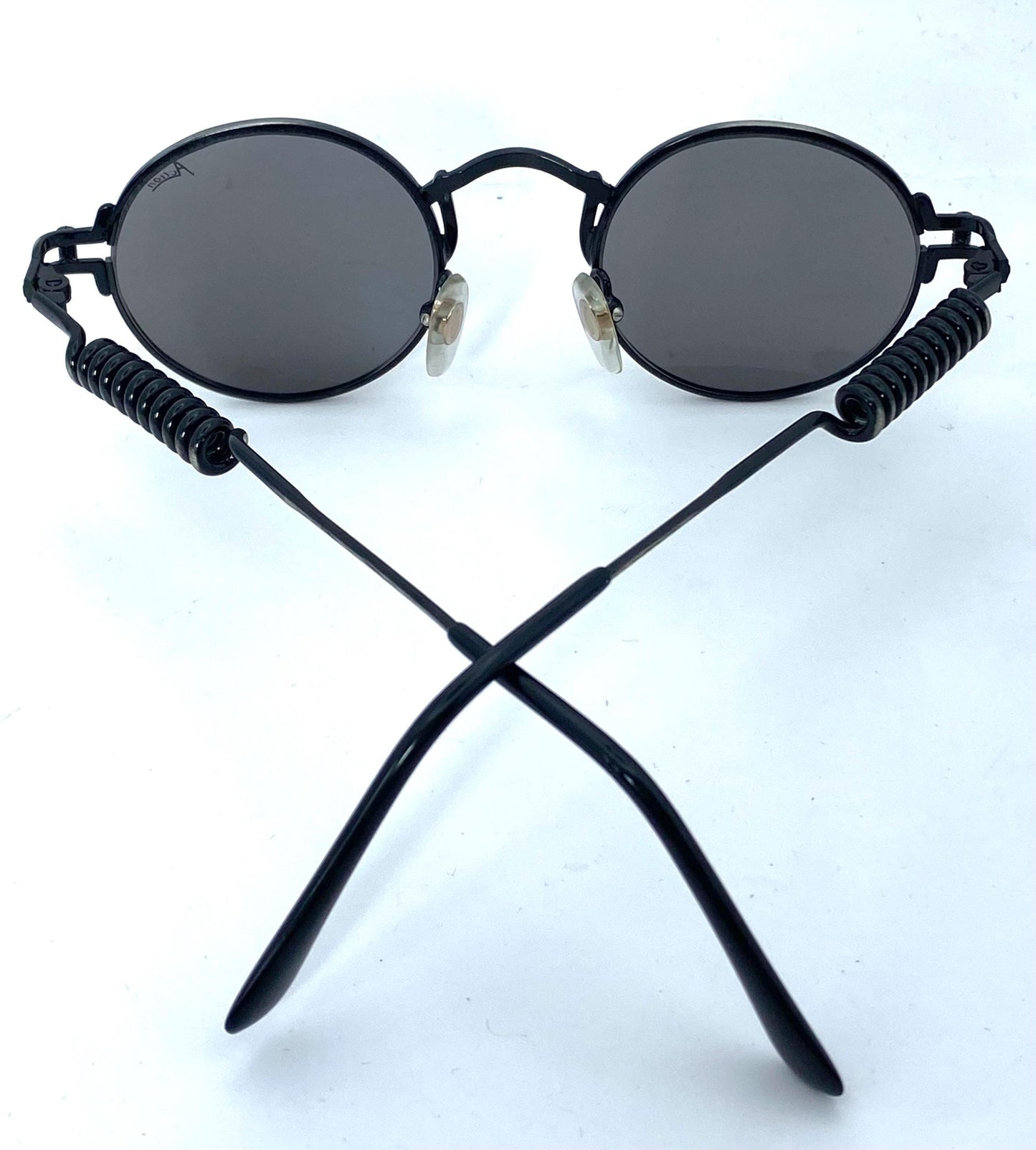 Florence Action 2871 round steampunk sunglasses w mirrored lenses, in gunmetal w spring-spiral temples , NOS 80s