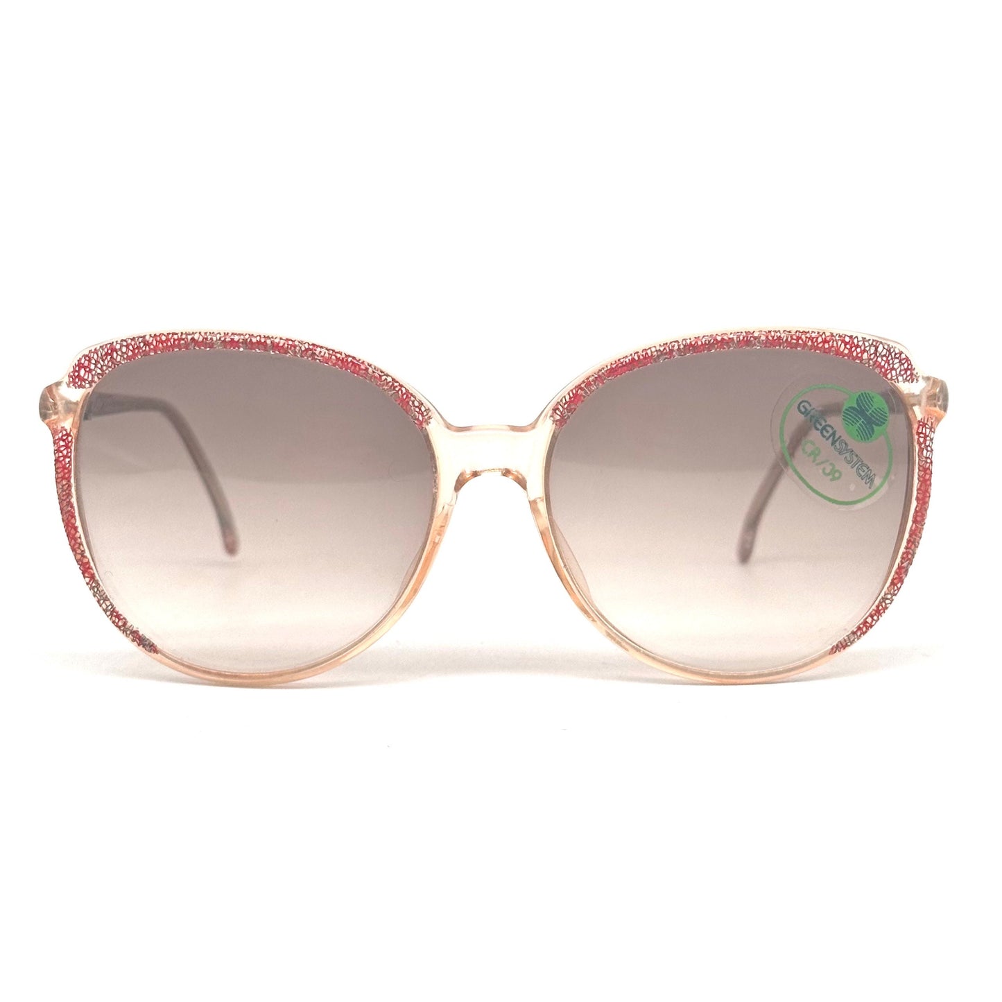 Missoni M58S red organic fantasy sunglasses w real fabric inlaid in the clear frames, NOS 80s Italy
