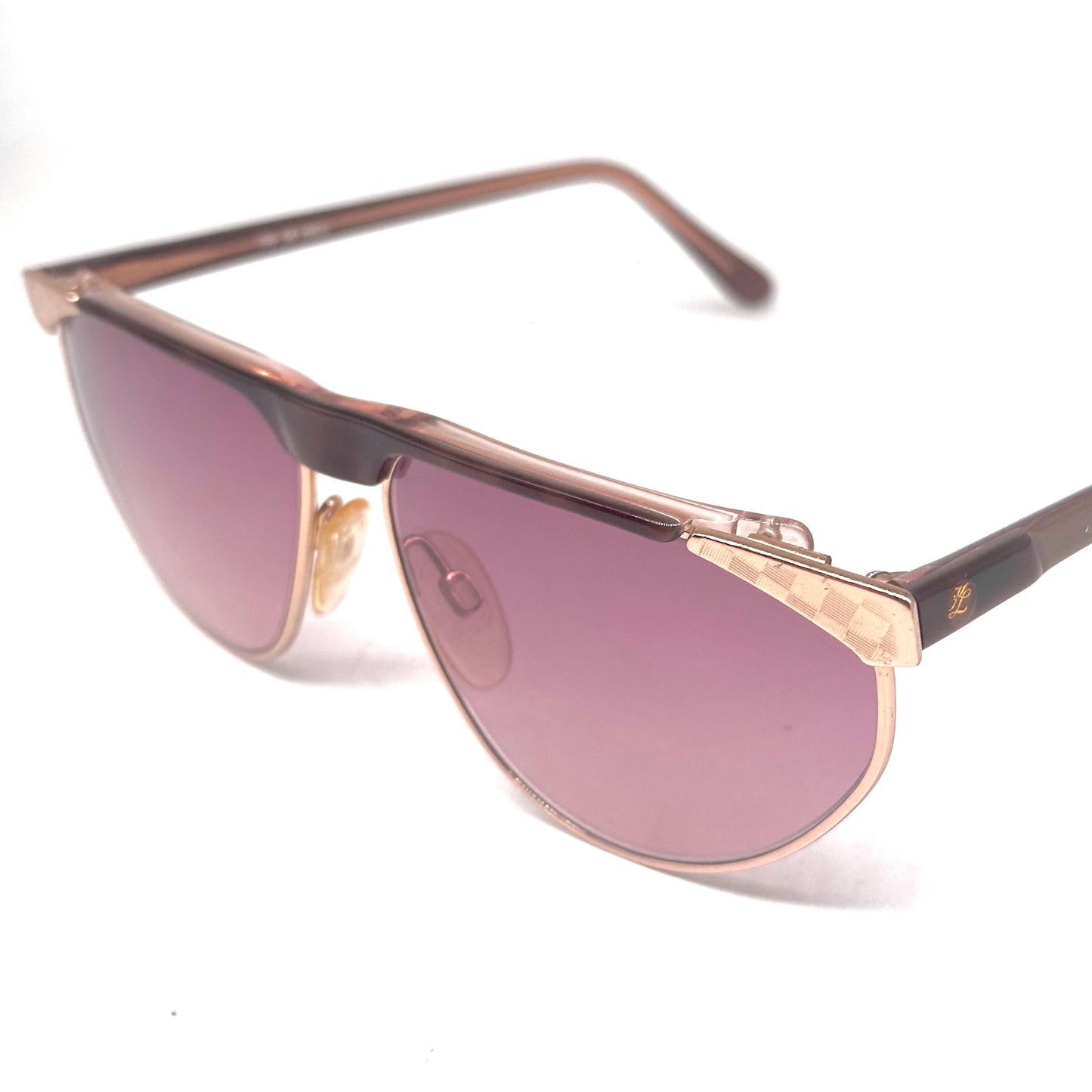 Karl Lagerfeld 109 58 903 brown tortoise and gold frame with chess detail on the sides vintage sunglasses w/ gradient purple lens, NOS
