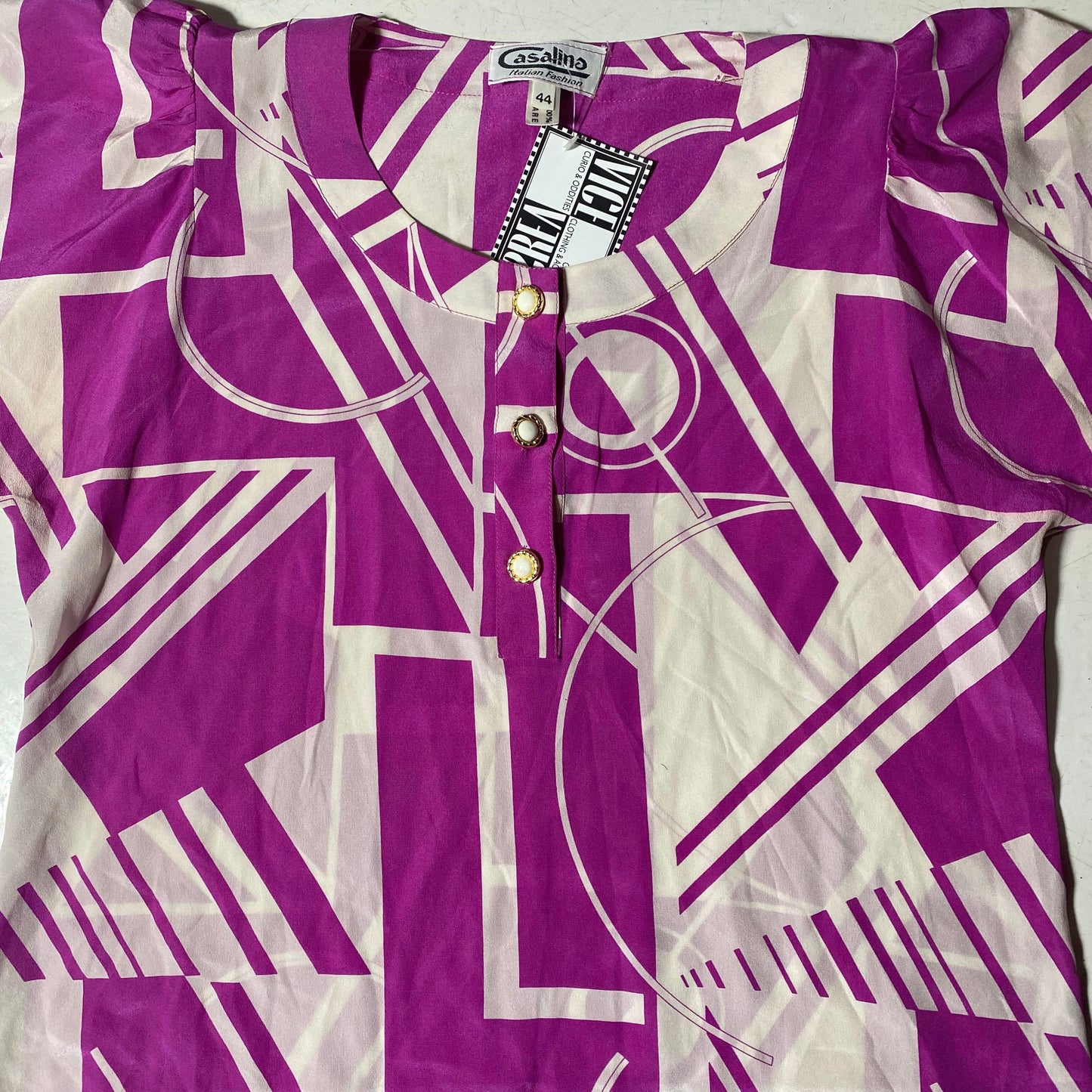 Coolest 1980s pure silk purple/white  abstract allover blouson dress made in Italy, as new