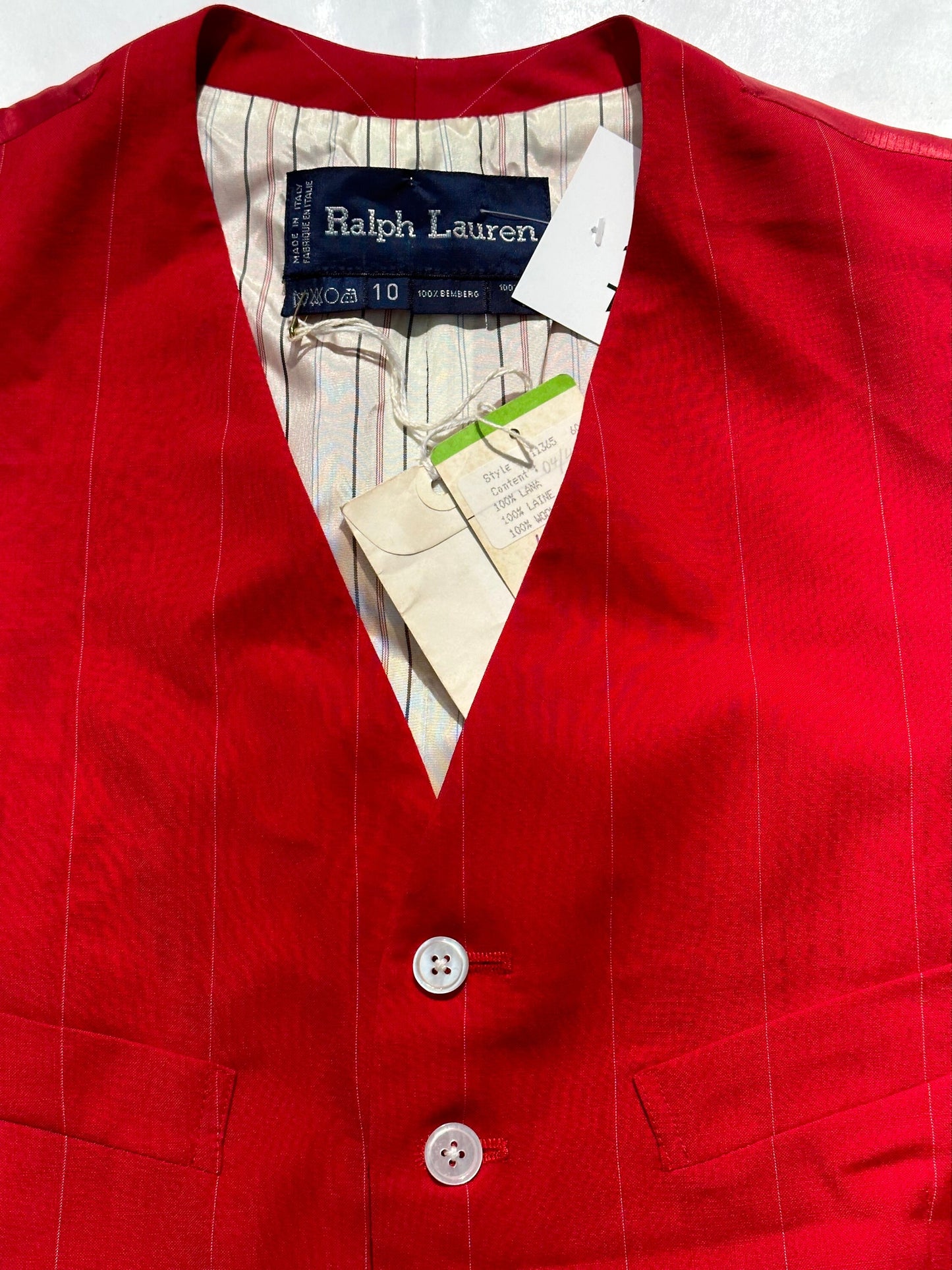 Ralph Lauren classy red pinstripe wool vest with satin lining, NOS 80s w tags sz 10