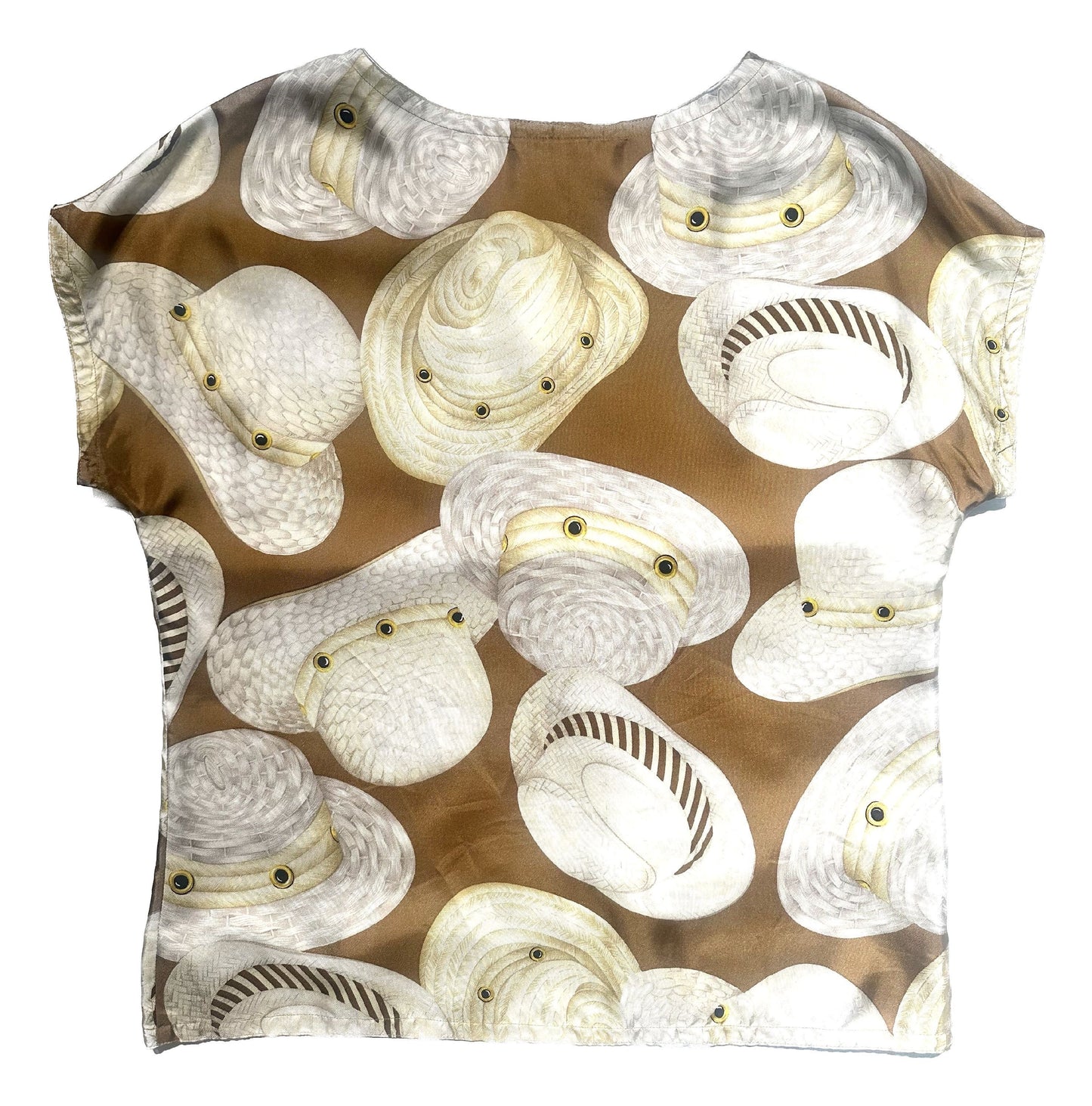 Spazio 100% silk t-shirt w panama hats scarf style print allover a beige base, sz L / 44ITa new old stock 80s