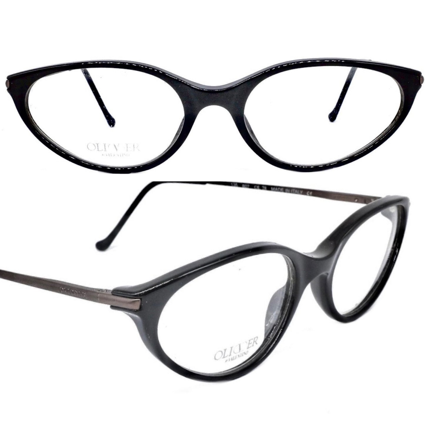 Oliver Valentino ultra light black cateye frames w gunmetal temples, elegant and minimalist design, NoS 80s