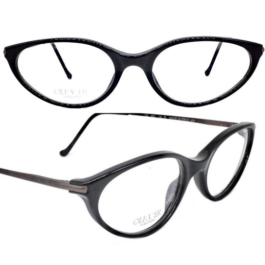 Oliver Valentino ultra light black cateye frames w gunmetal temples, elegant and minimalist design, NoS 80s