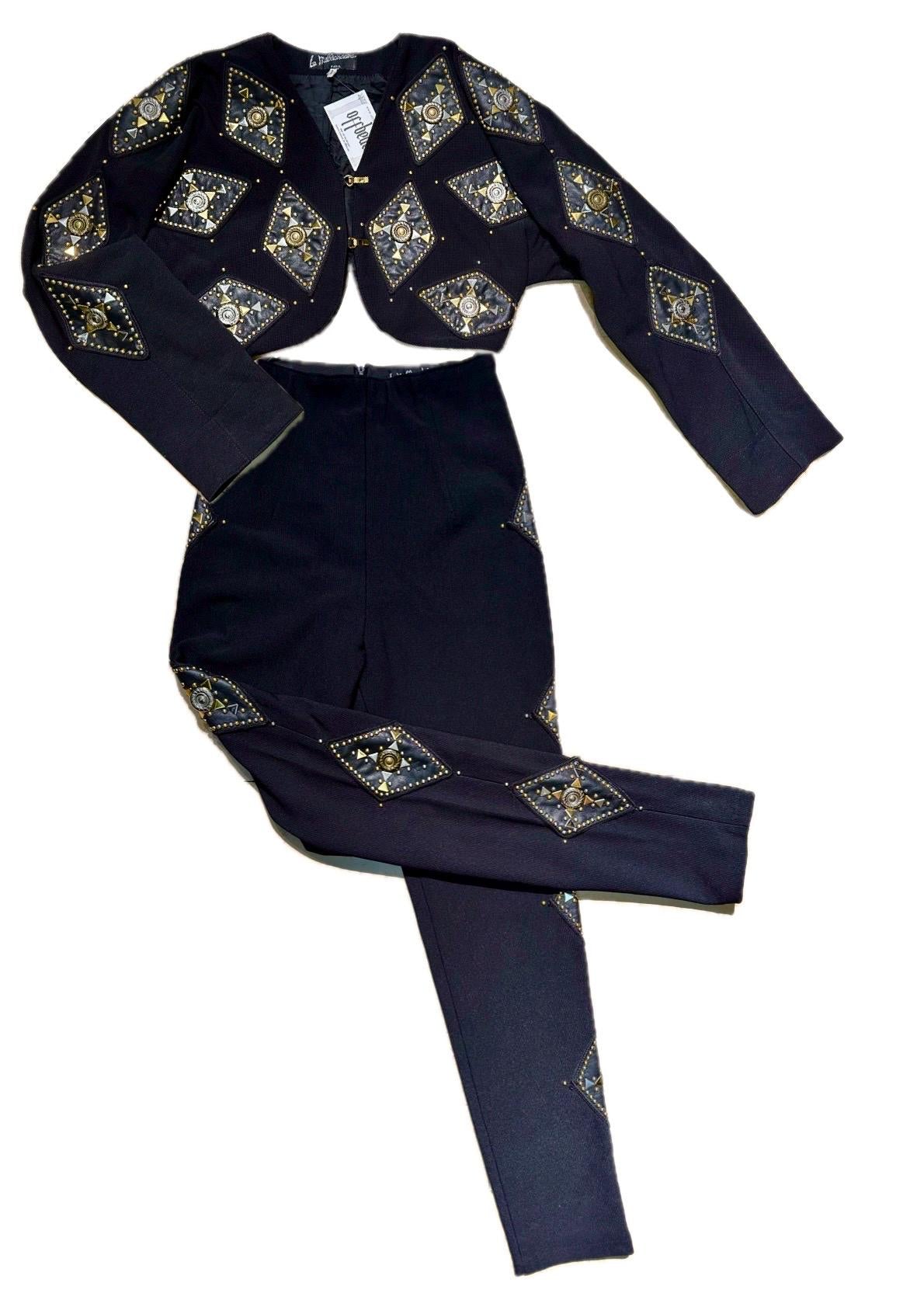 80s Paris couture set bolero and trousers in cotton/elast fully adorned w leather patches, studs & conchos, sz S/ 1