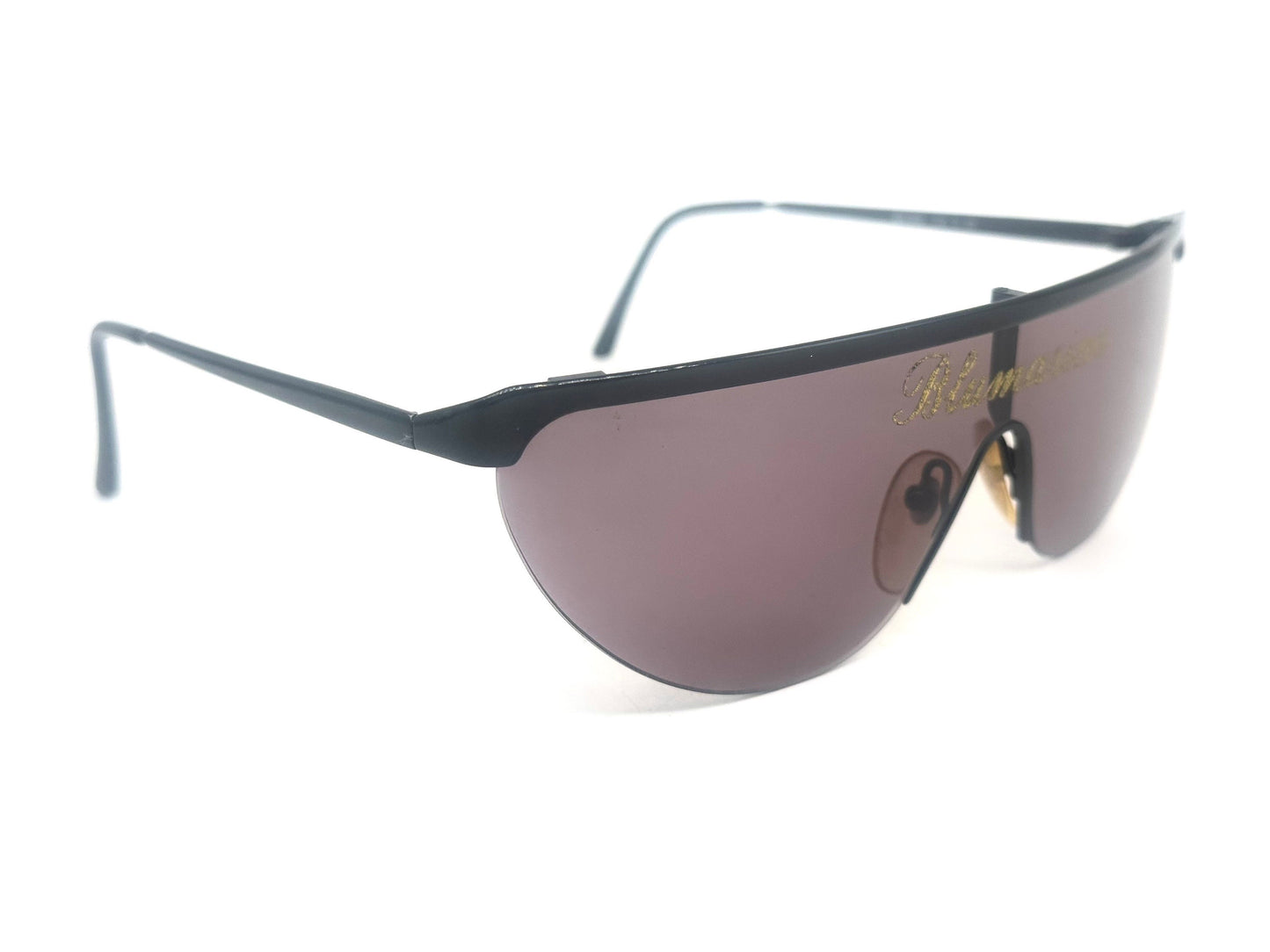 Bluemarine BM600 runway black shield sunglasses w golden glittered signature, NOS 80s Mint