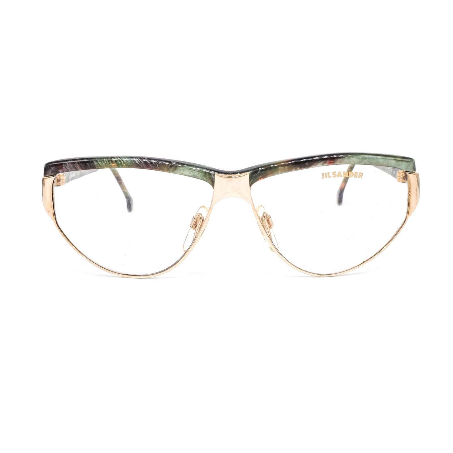 Jil Sander satin gold cateye eyeglasses frames with greenish tortoise browline and temples, Italy 80s NOS
