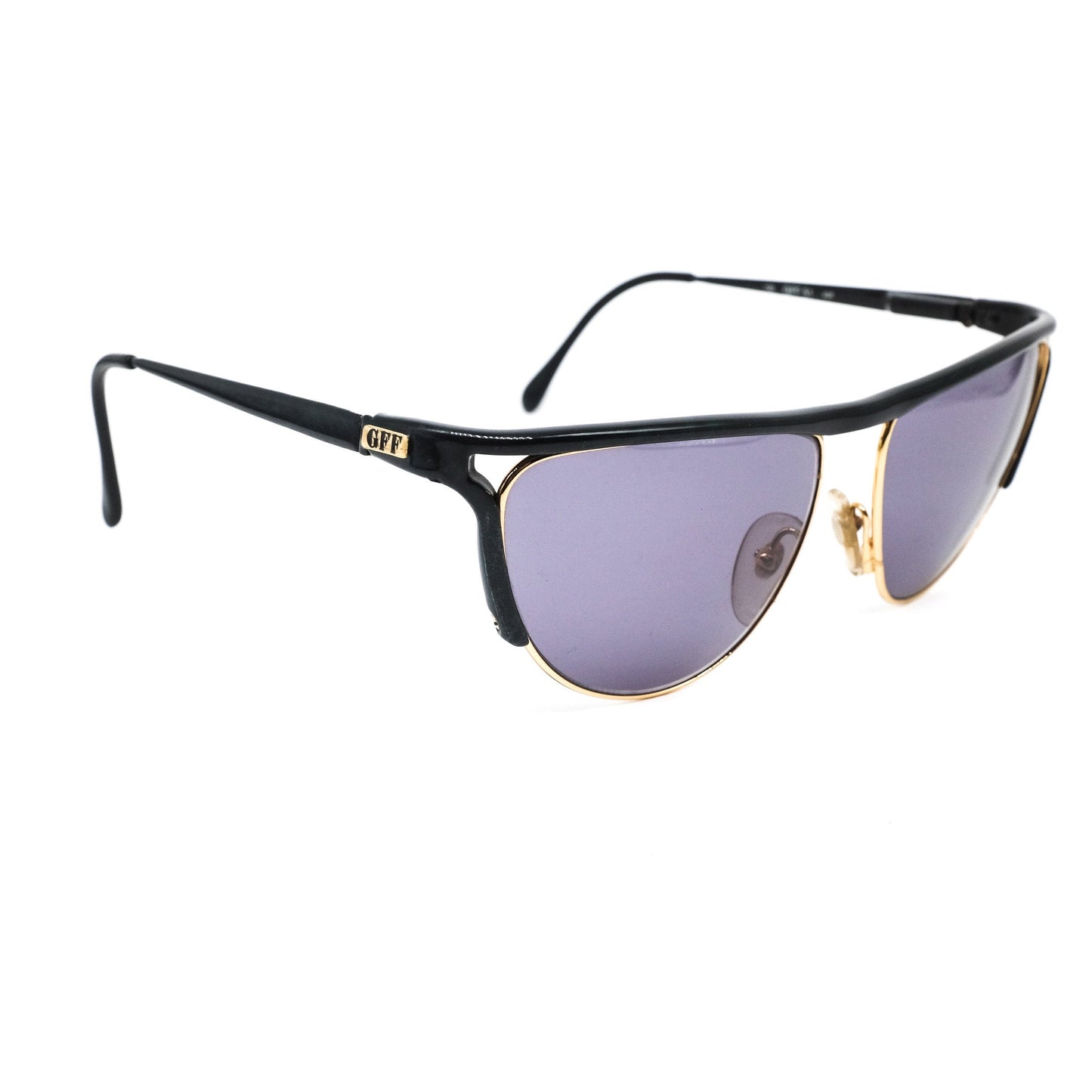 Gianfranco Ferré GFF51 cateye sunglasses with golden metal rim and black acetate browline and temples. Made in Italy, 1980s nos