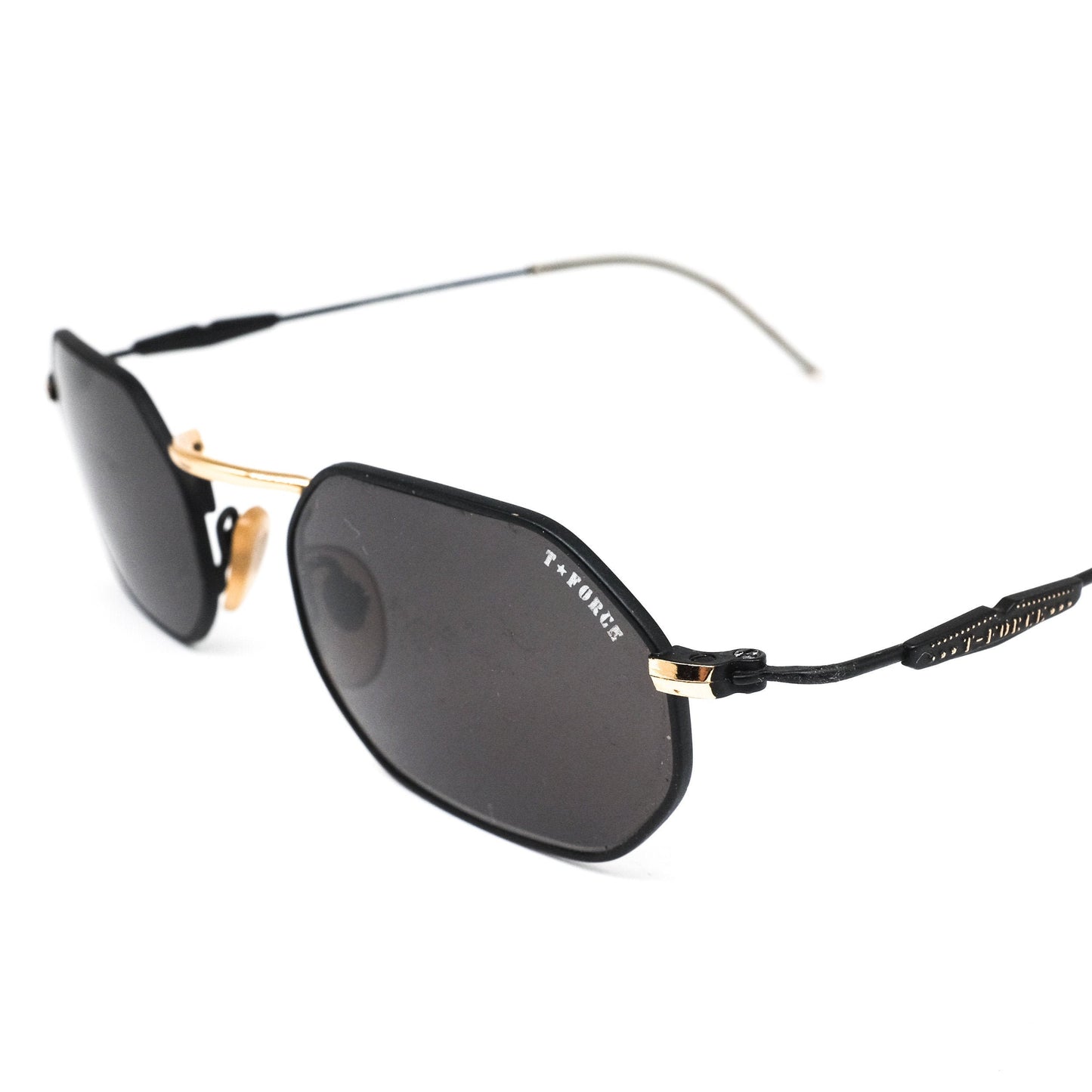 T force MIG 3 031 sunglasses with hexagonal black lenses in minimal design black metal frames with golden nose bridge NOS made in italy