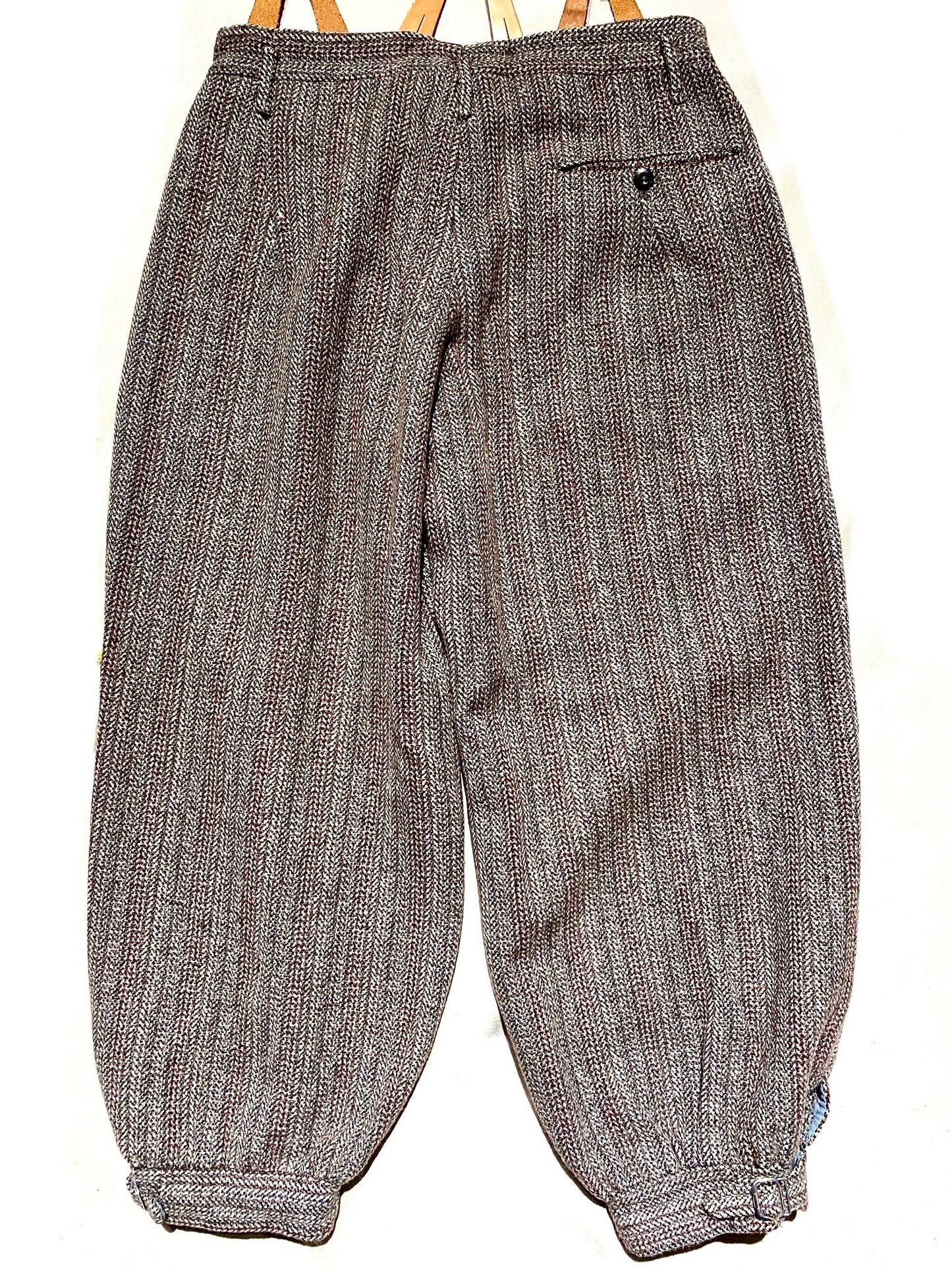 Auth. 1930s circa sartorial brown chevron thick wool trousers ready made 4 suspenders, great cond. sz S man
