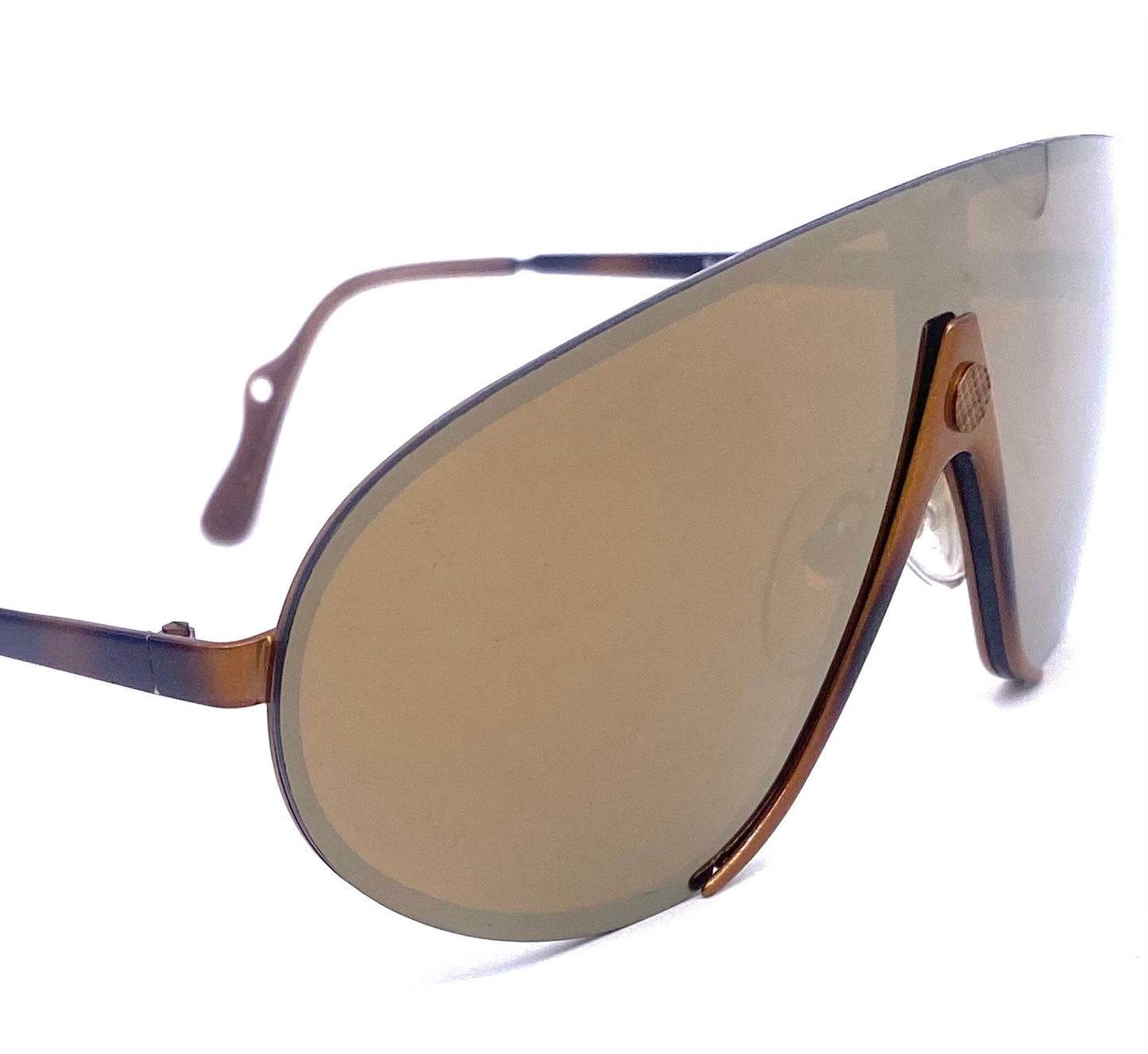 Safilo Design 027/P wrap aviator sunglasses, brown metallized mask-shield design with gold mirrored lens, NOS 80s