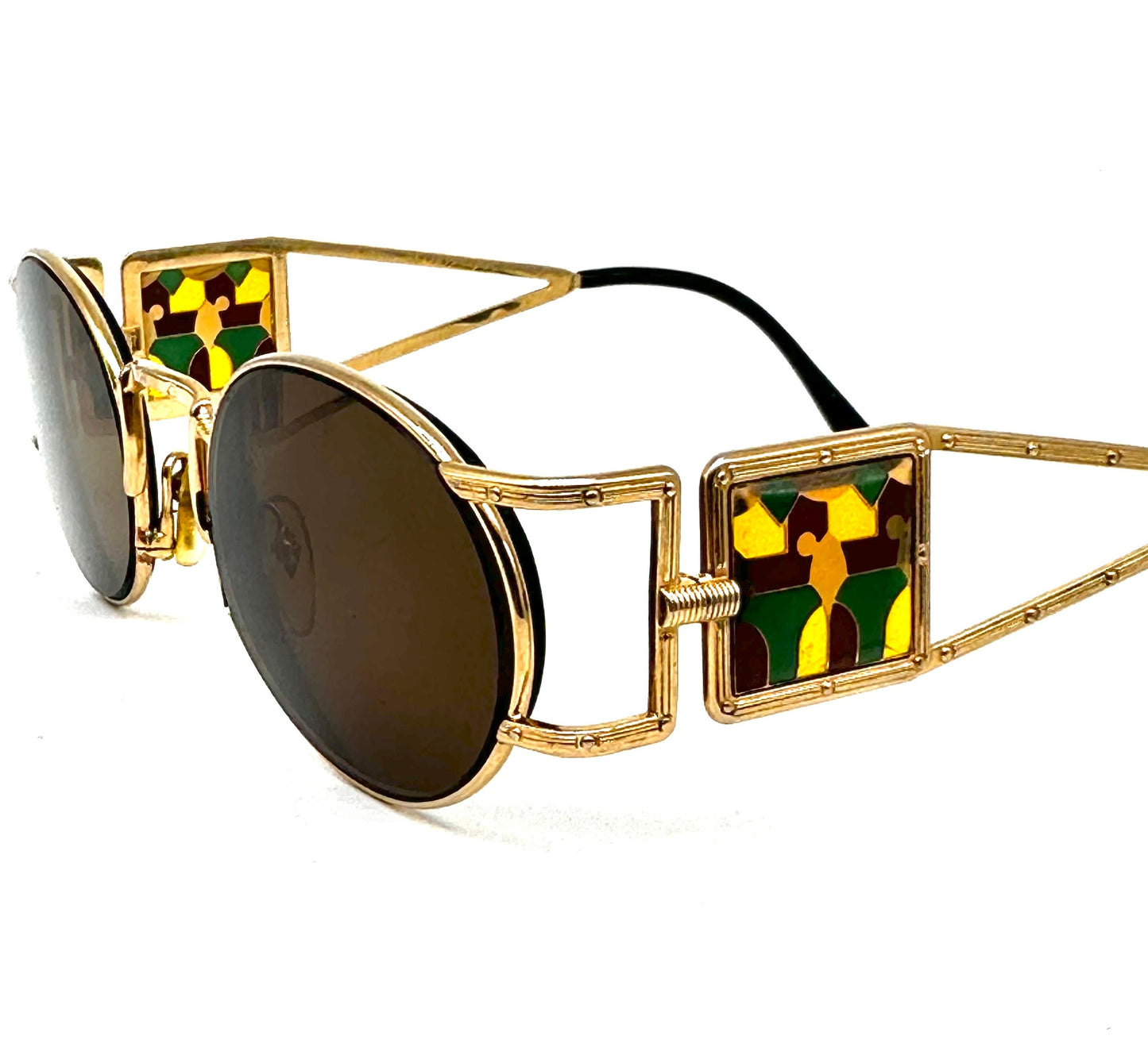 Jean Paul Gaultier 56-4672 rare gold plated round steampunk sunglasses w stained glass inspired temples, used in mint condition