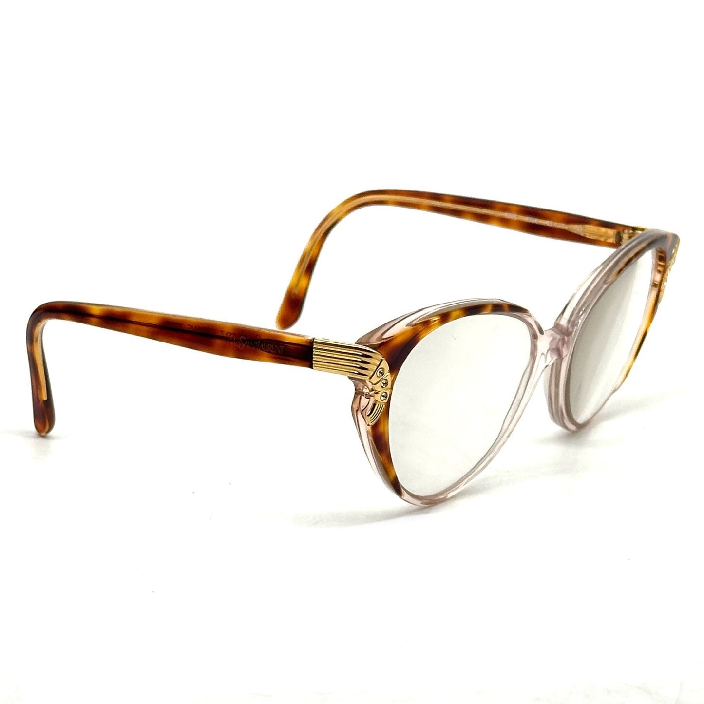Yves Saint Laurent 5005 brown tortoise acetate cateye eyeglasses with gold details and rhinestones YSL NoS