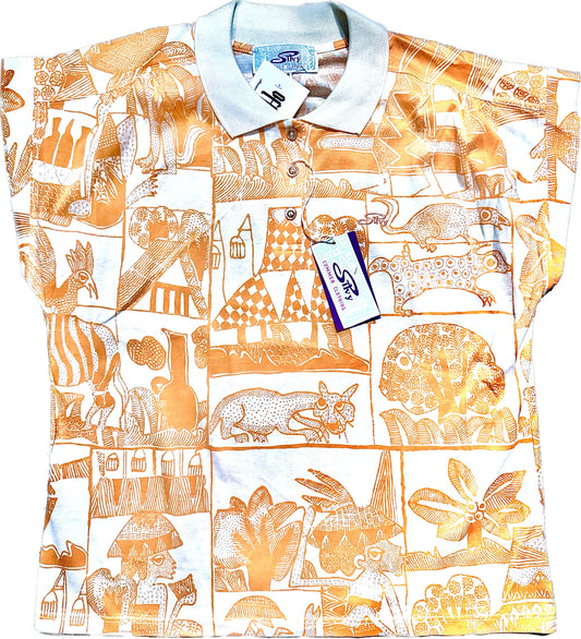 Silvy Couture ladies cotton polo shirts with a beautiful illustration of tribes and domestic animals. NoS 80s mint