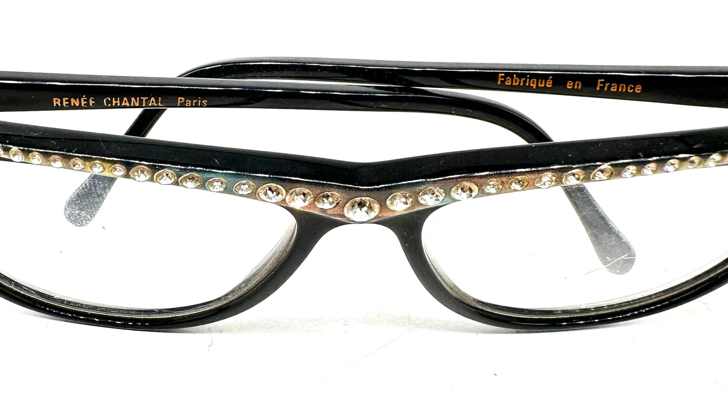 Renée Chantal Paris stunning black cateye frame with pearl and rhinestones details, NoS 70s France