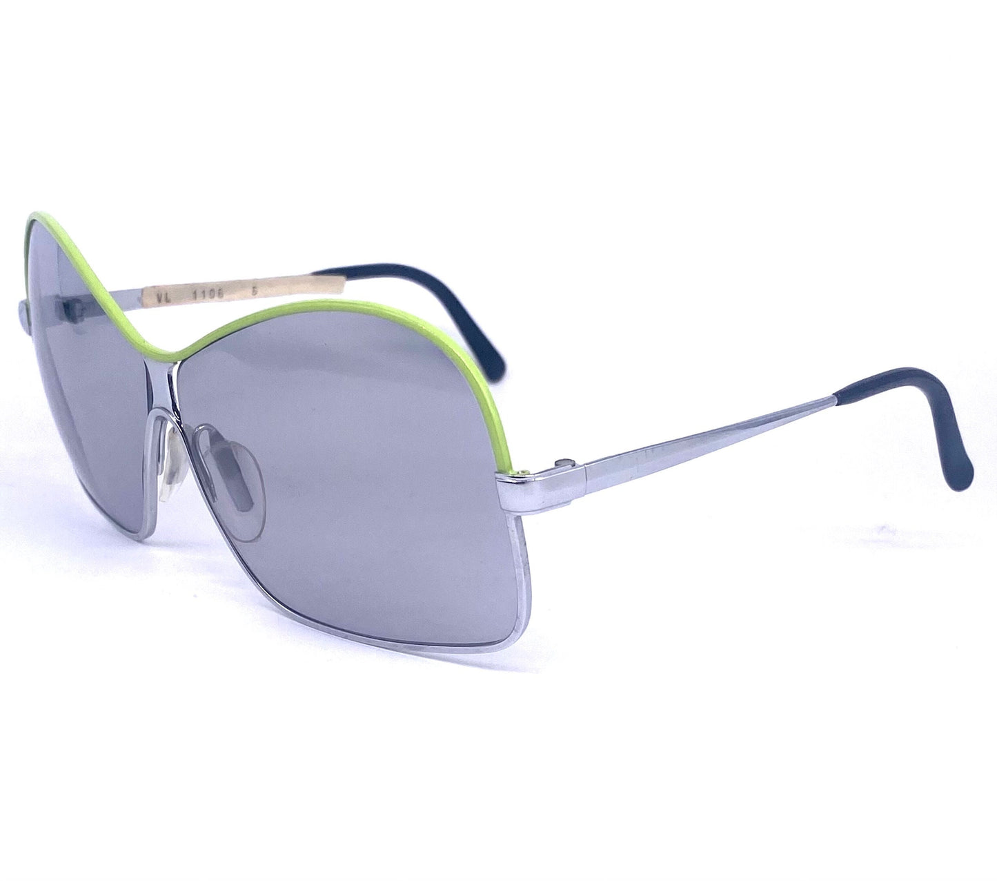 Viennaline 1106 oversized silver metal sunglasses w wavy brows enameled in orange or acid green, NOS 70s Mint