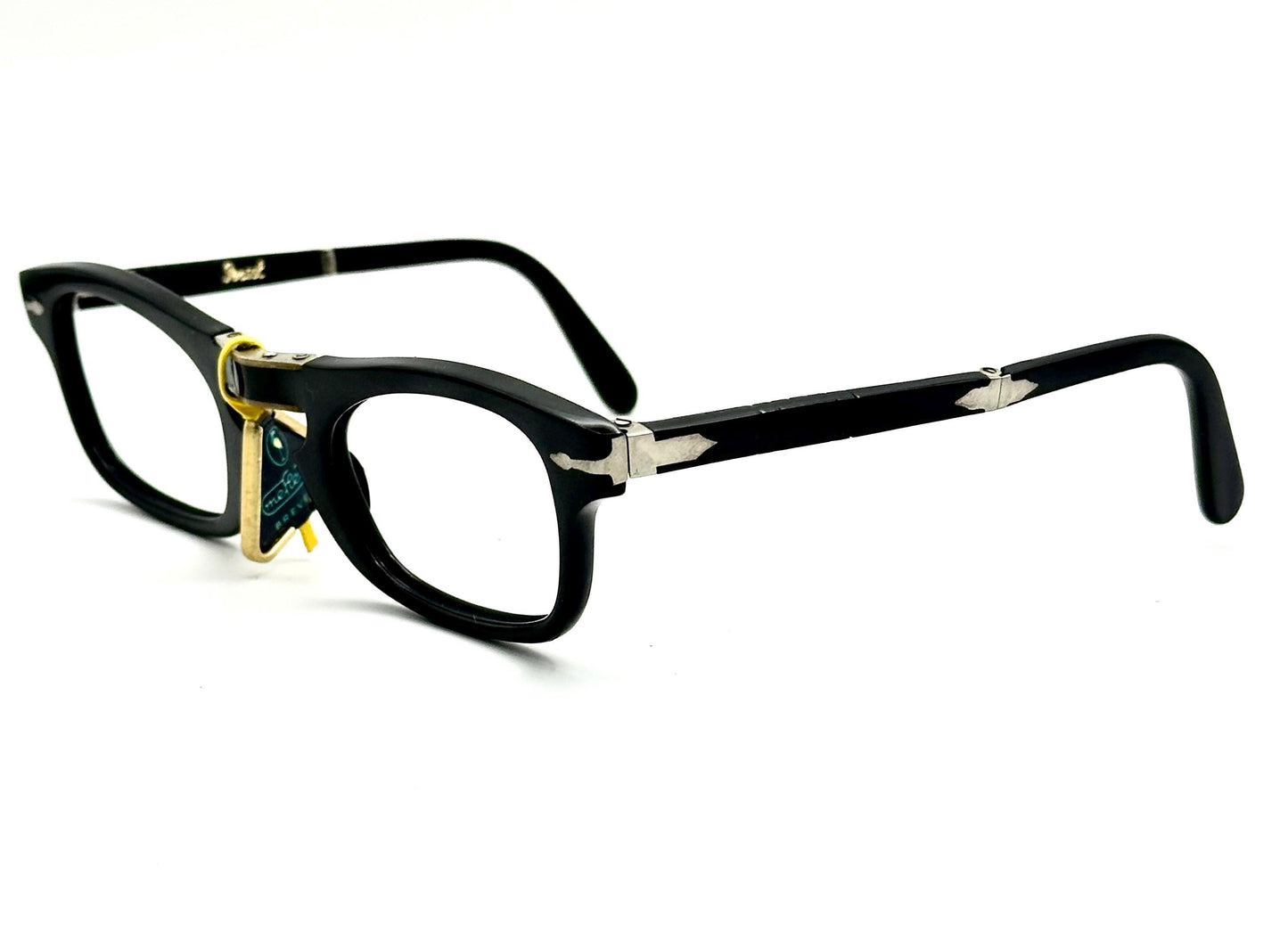 Persol 803 folding black cello rectangular frames w iconic arrow hinges, NOS 1960s Italy