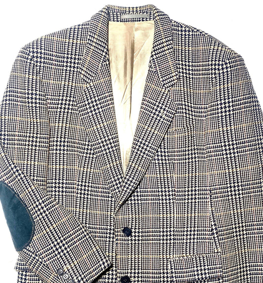 Hugo Boss pure new lambs wool elegant tartan blazer, white base with black blue red mustard lines, sz 46, 80s Germany