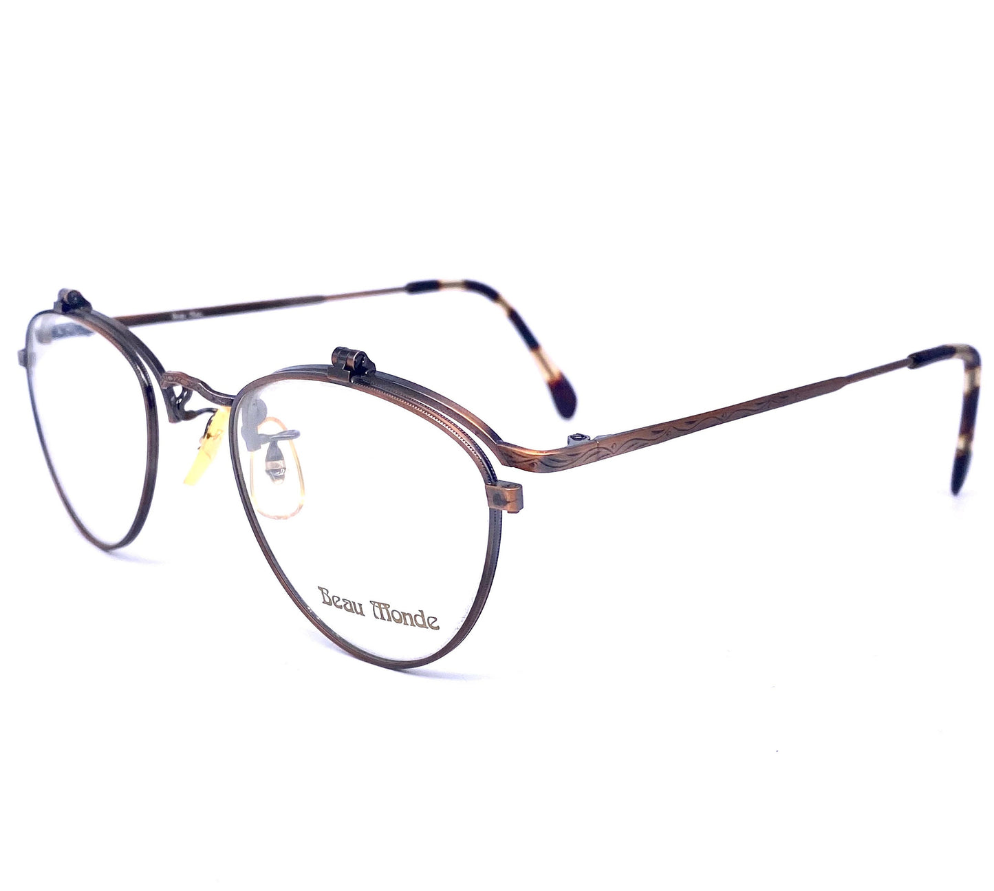 Beau Monde Yorkshire round antiqued copper flip-up eyeglasses frames, super hip piece made in Japan 80s NOS