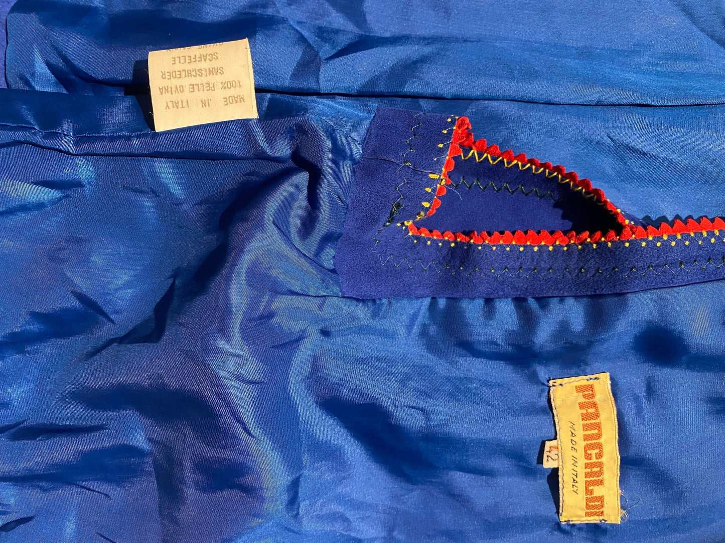 Pancaldi blue suede 2pcs vest / long skirt set w yellow/red striped and cutoff lotus flower detail, NOS 70s Mint