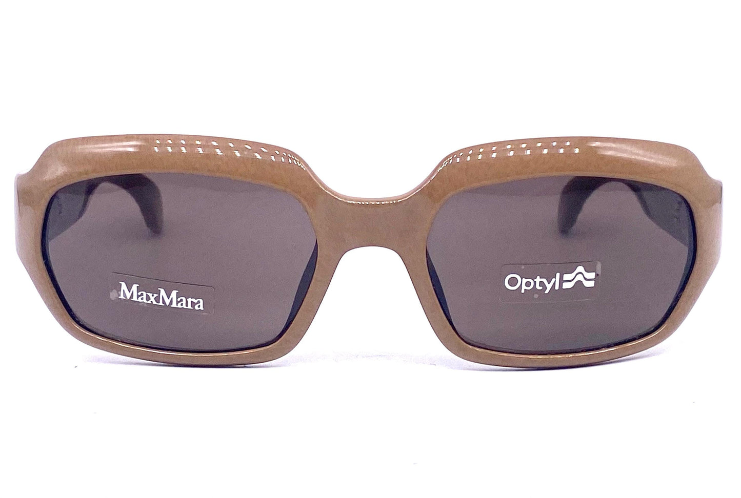 MaxMara fancy beige thick square Optyl sunglasses, temples w embossed stitches detail 90s NOS