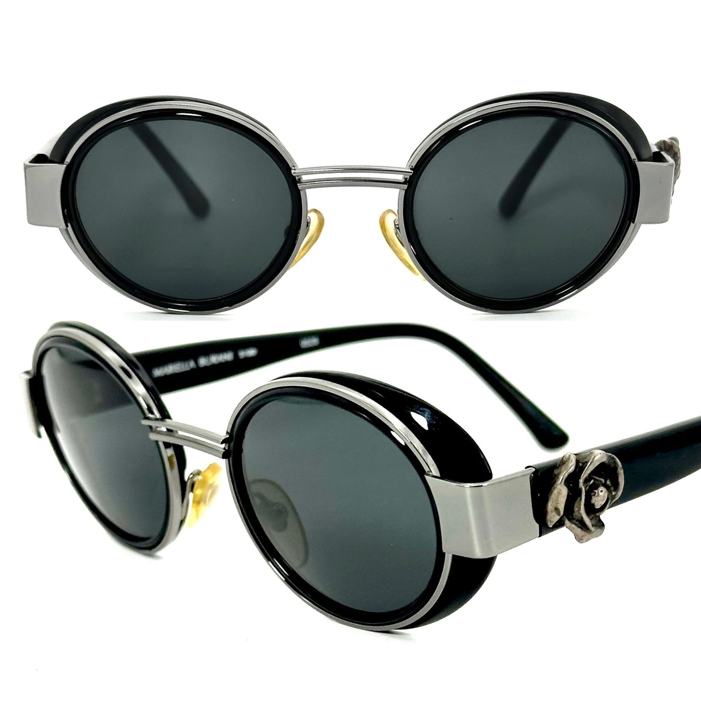 M.Burani 5100 rare black-sober round side shields sunglasses w metal rose detail, NOS 80s Italy
