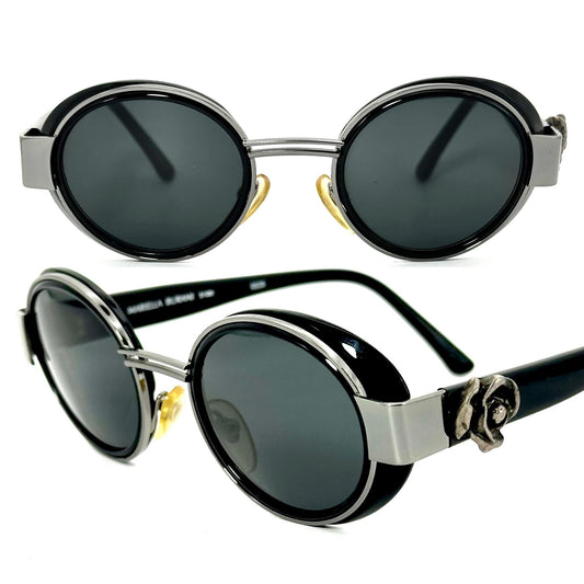 M.Burani 5100 rare black-sober round side shields sunglasses w metal rose detail, NOS 80s Italy