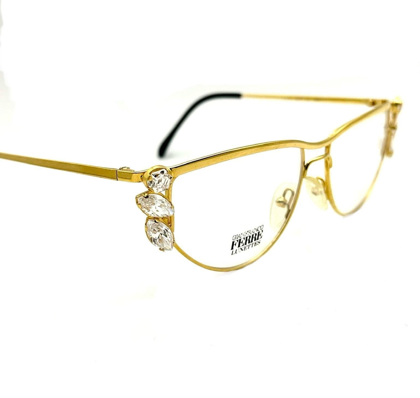 Gianfranco Ferré GFF75 jeweled cateye glasses, golden metal frames w big Swarovski crystals, 1980s NOS