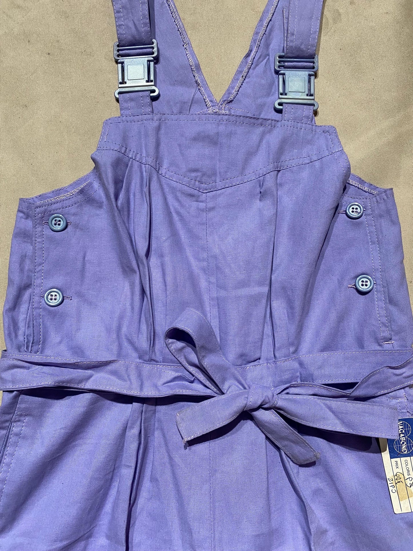 Vagabond NOS 80s lilac cotton summer dungaree w shorts- utility clasp straps, sz 12, S-M