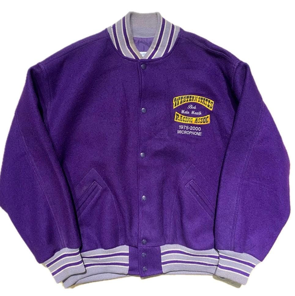 Western St. Racing Ass. Purple wool Varsity Jacket w embroidered details, XL
