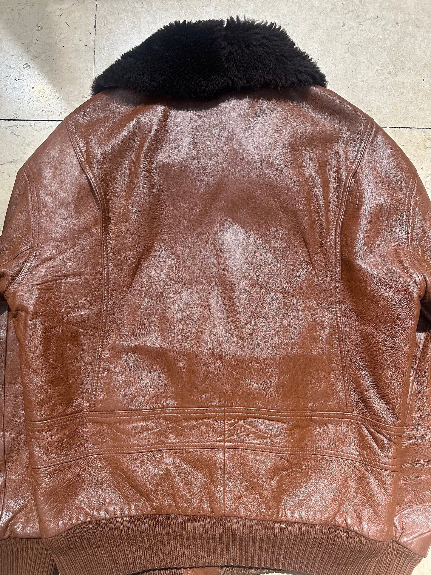Tan leather flight style bomber jacket w/ faux fur lining & collar, mint condition sz 48