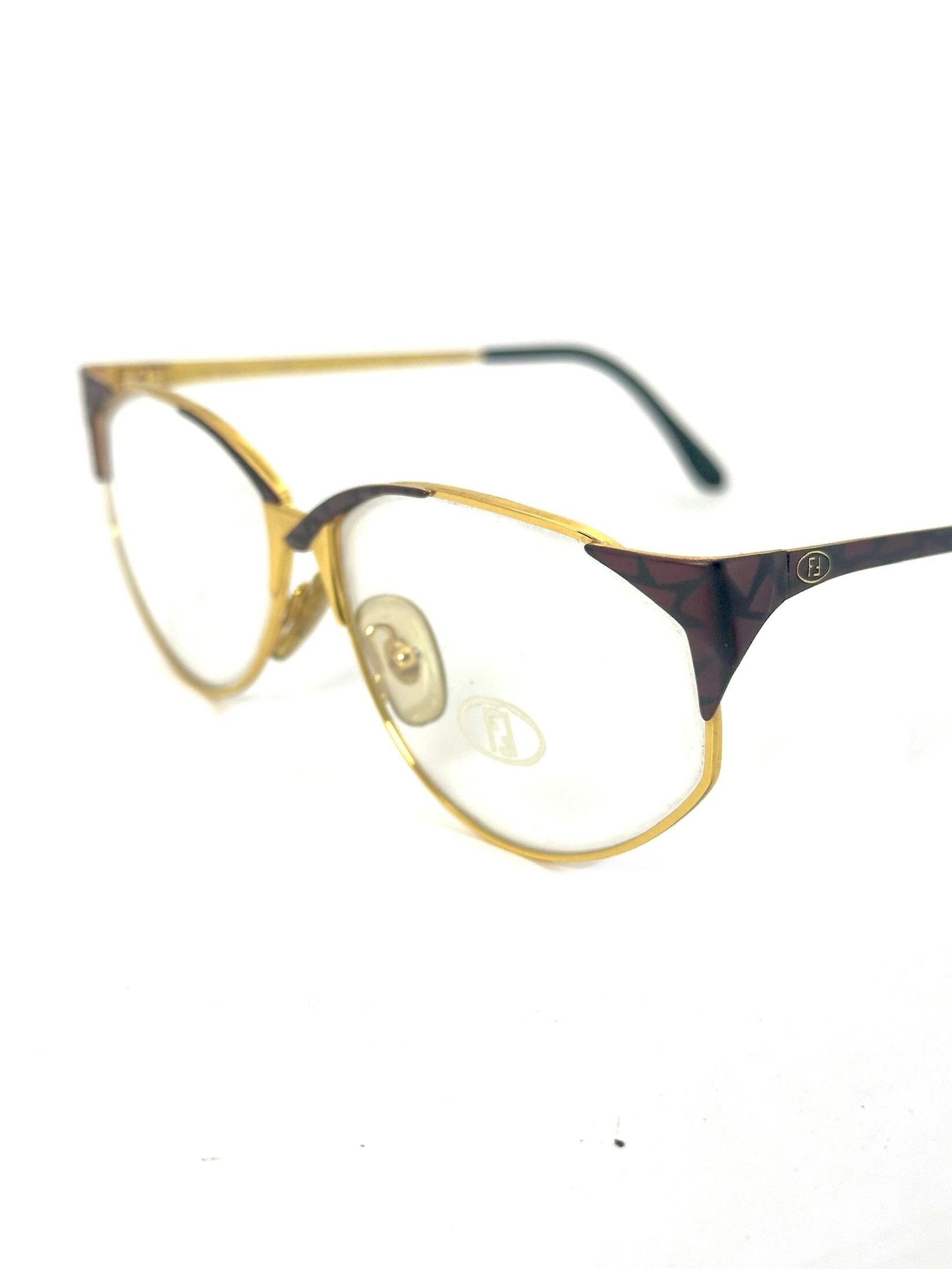 Fendi FV61 Gold-Burgundy asymmetric cateye eyeglasses frames hand made in Italy by Lozza, NOS 80s