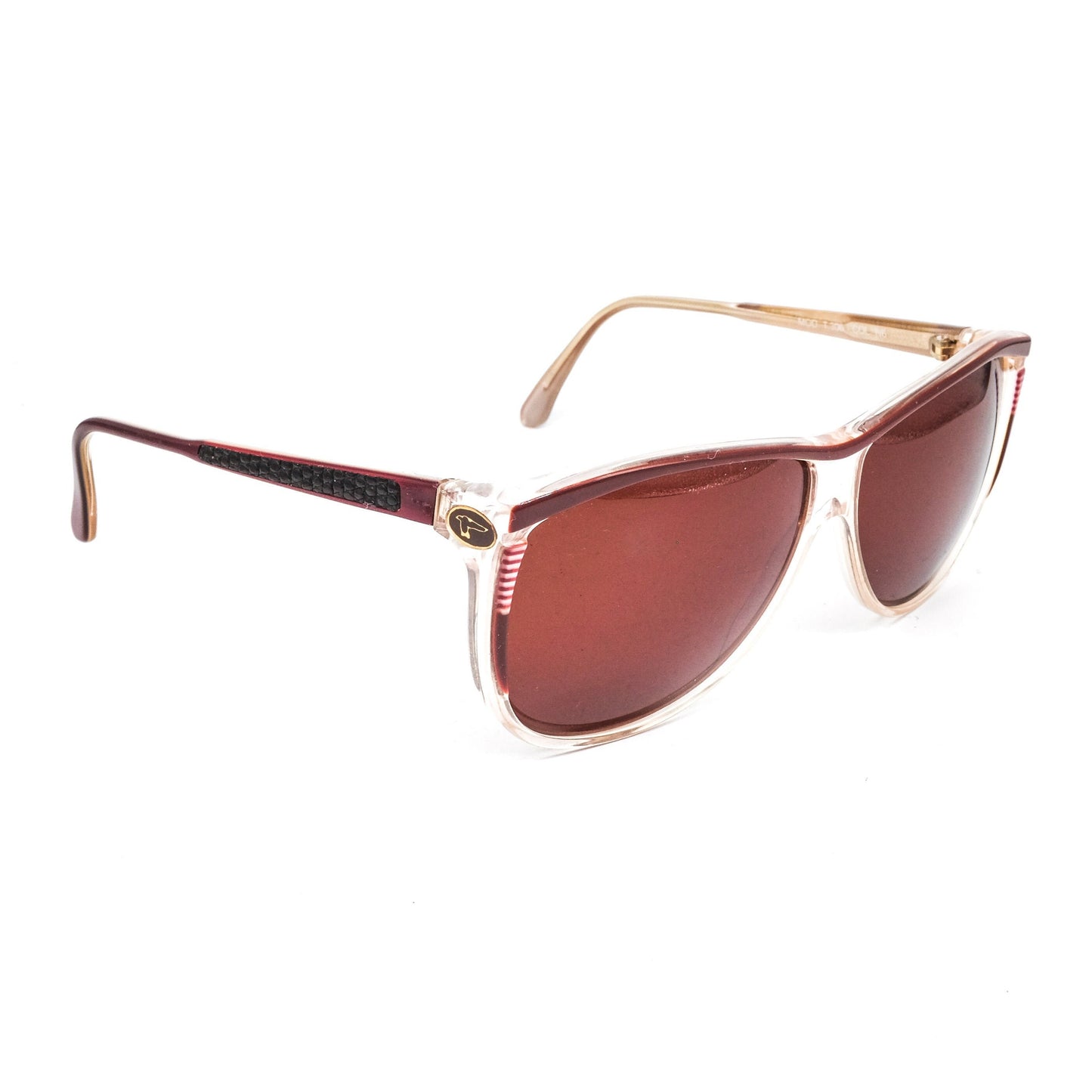 Trussardi oversized cateye sunglasses in clear/burgundy with leather inserts, NOS 80s