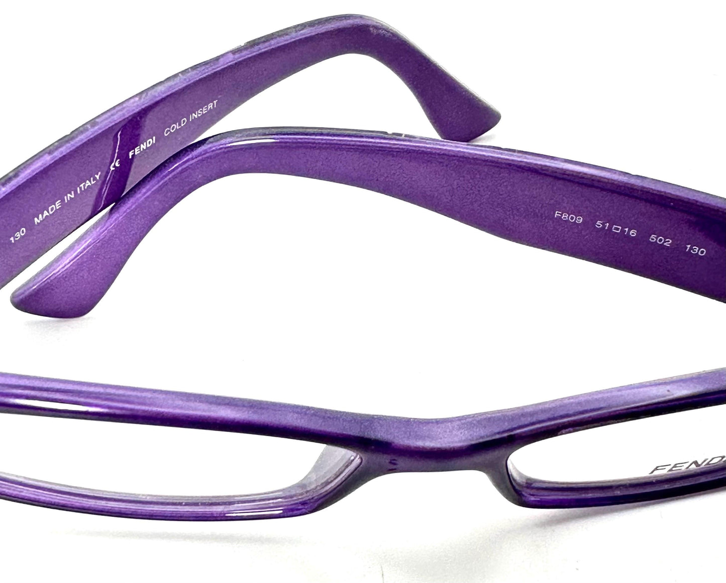 Fendi F809 sleek purple rectangle acetate frames, temples w carved monogram allover, NOS 90s mint